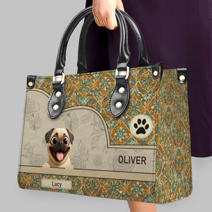 Custom Pug Lover Leather Handbag - Vintage Floral Tile Pattern Dog Gift | 89Prints