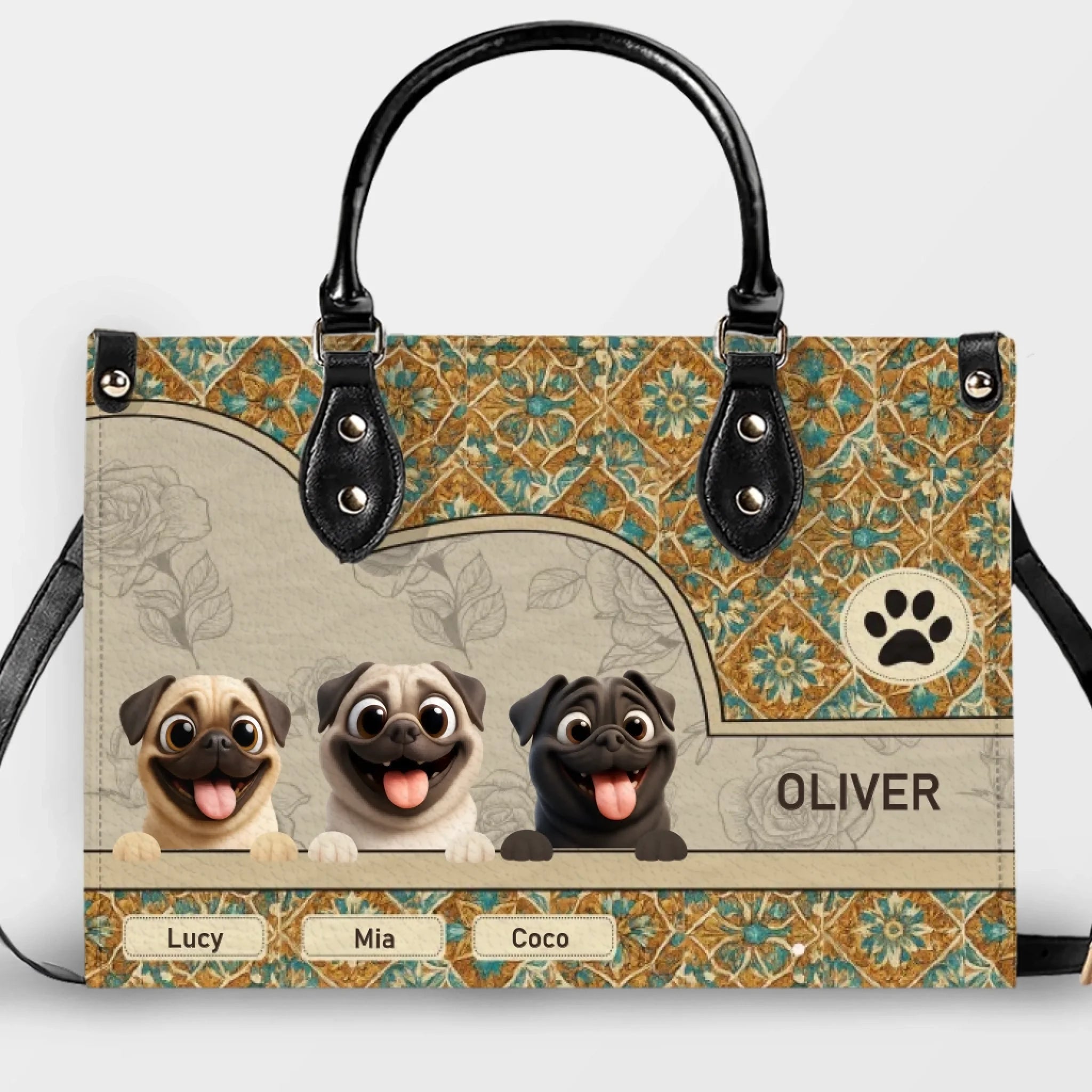 Custom Pug Lover Leather Handbag - Vintage Floral Tile Pattern Dog Gift | 89Prints