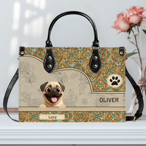 Custom Pug Lover Leather Handbag - Vintage Floral Tile Pattern Dog Gift | 89Prints