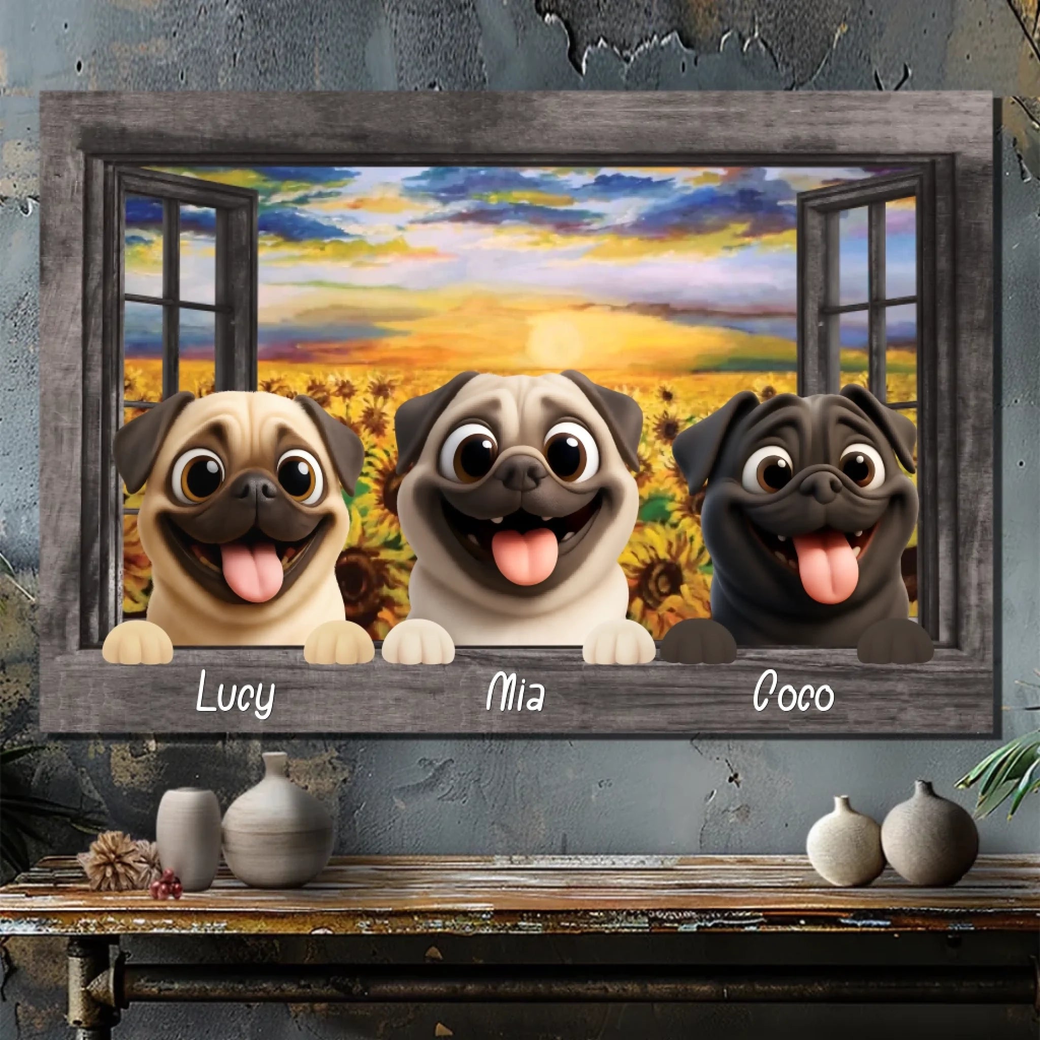 Personalized Pug Lover Canvas – Sunflower Field Window Frame Art | 89Prints