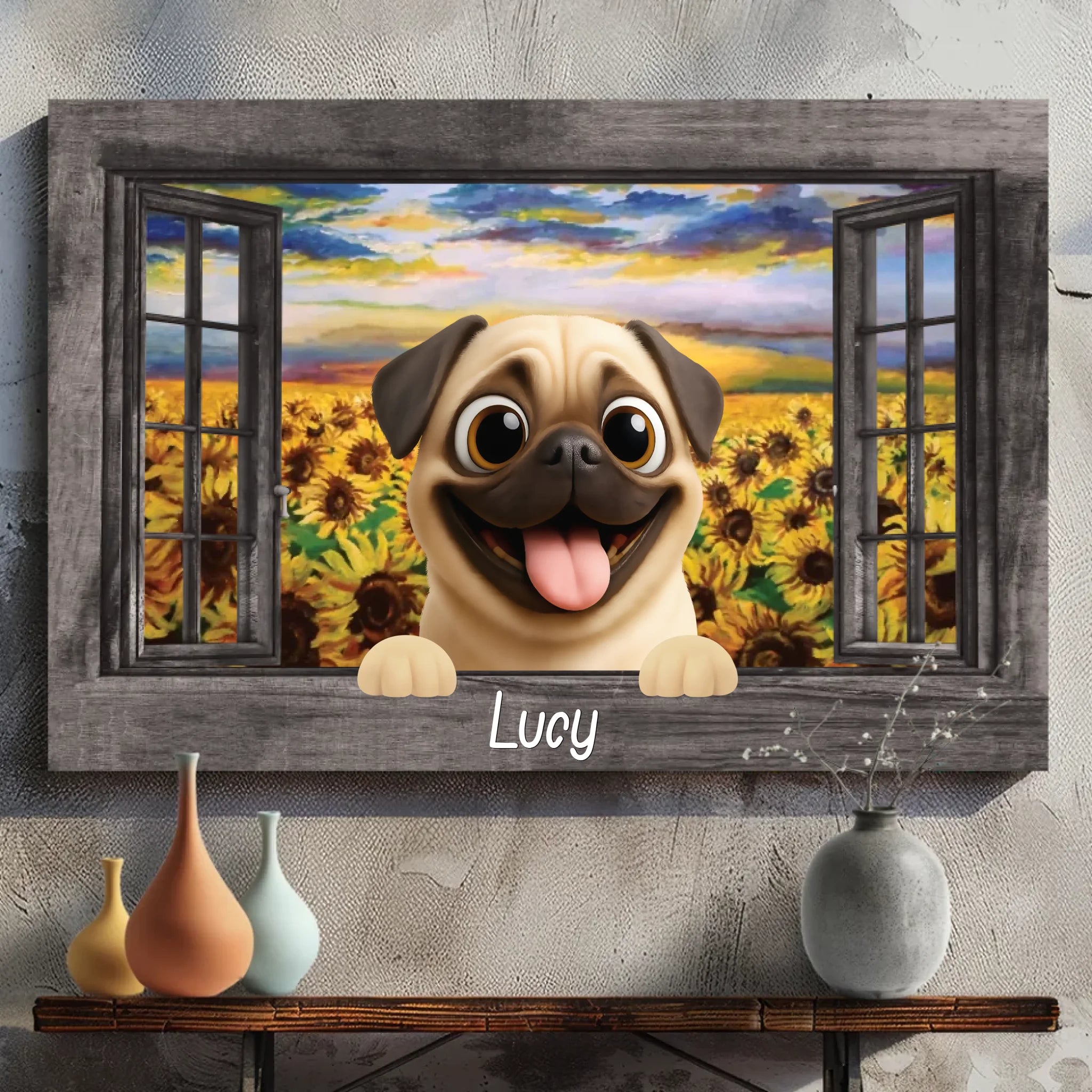 Personalized Pug Lover Canvas – Sunflower Field Window Frame Art | 89Prints