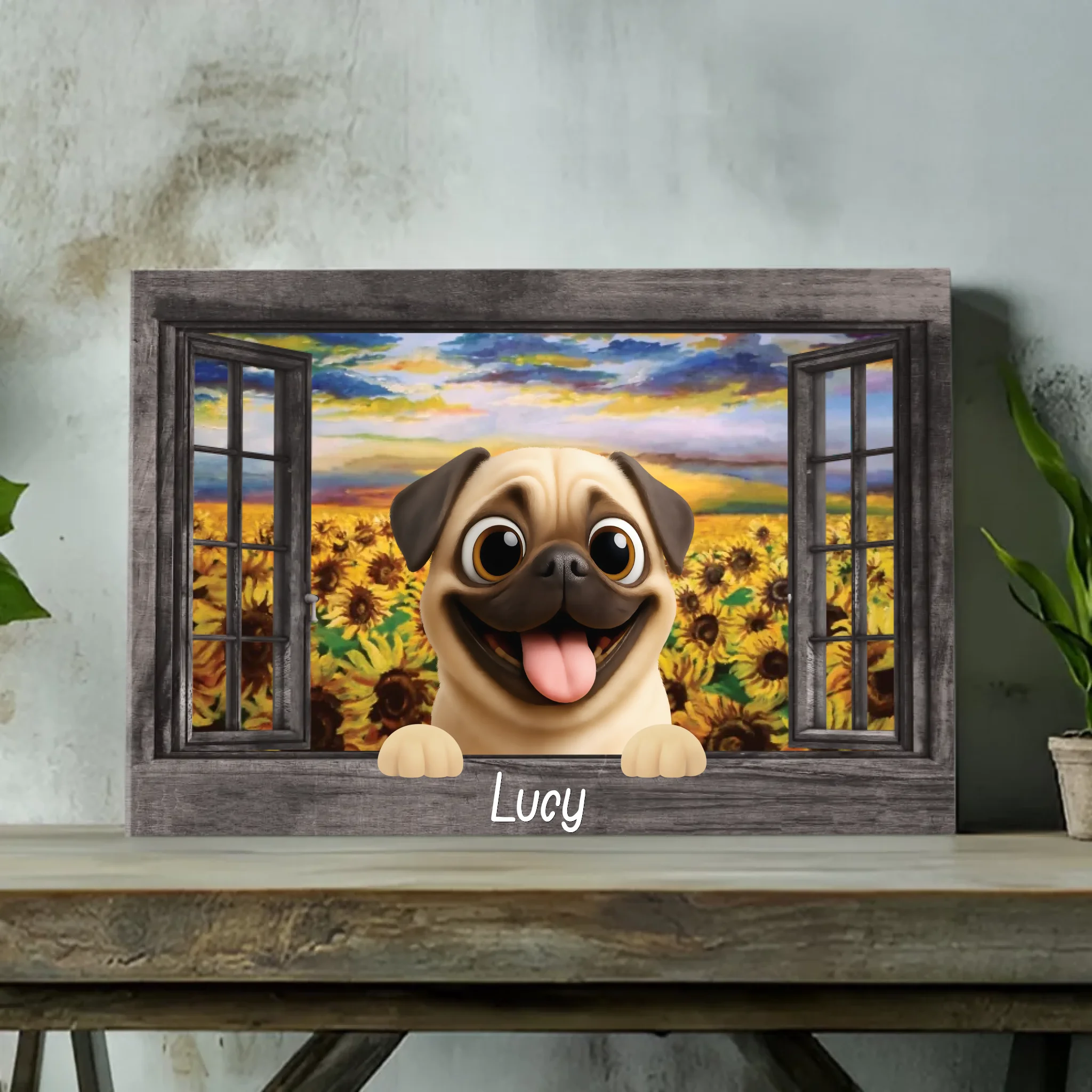 Personalized Pug Lover Canvas – Sunflower Field Window Frame Art | 89Prints