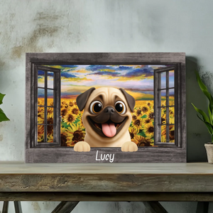 Personalized Pug Lover Canvas – Sunflower Field Window Frame Art | 89Prints