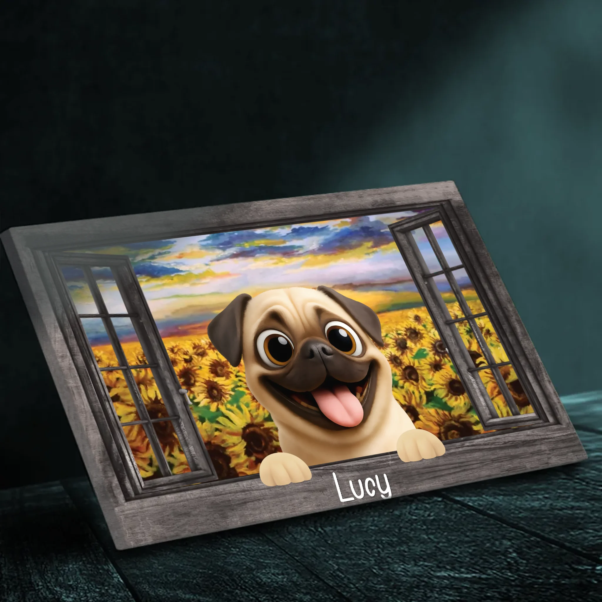 Personalized Pug Lover Canvas – Sunflower Field Window Frame Art | 89Prints