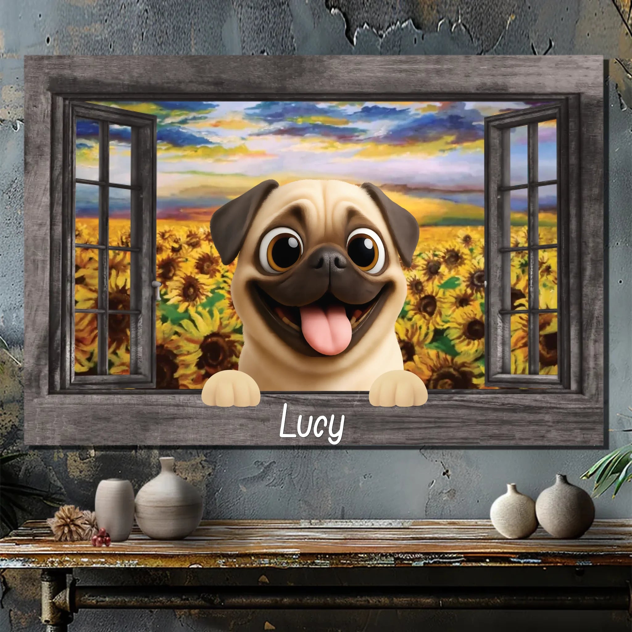Personalized Pug Lover Canvas – Sunflower Field Window Frame Art | 89Prints