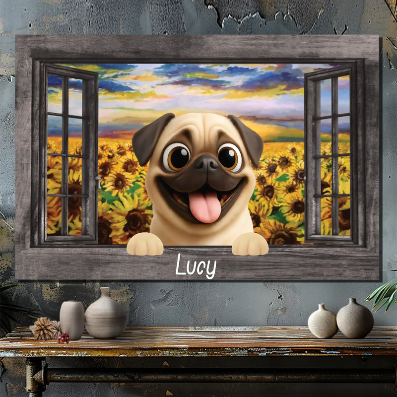 Personalized Pug Lover Canvas – Sunflower Field Window Frame Art | 89Prints