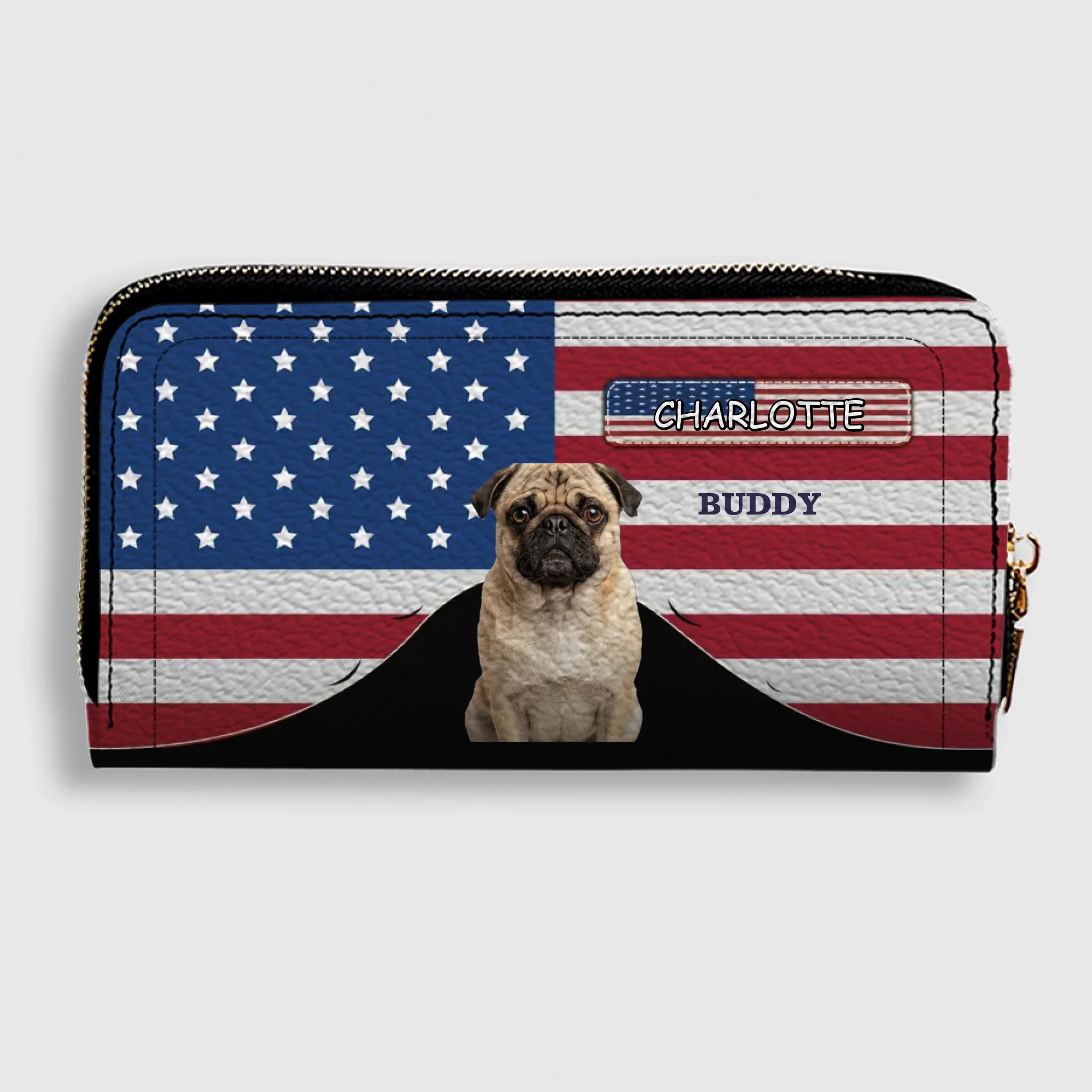 Custom Pug Photo Wallet - Personalized Name American Flag Patriotic Purse For Dog Lovers | 89Prints