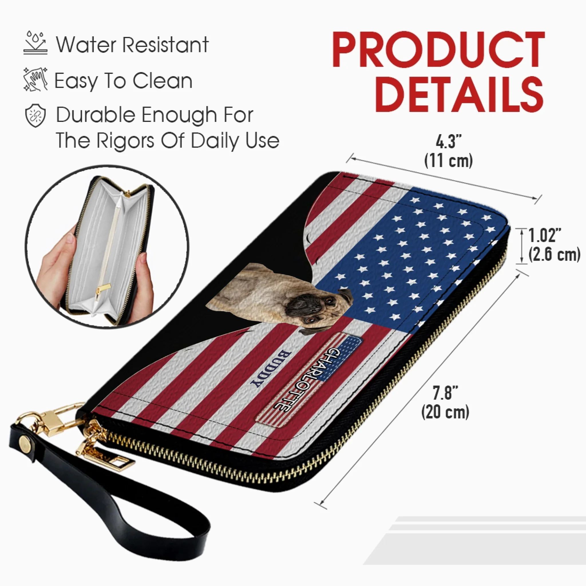 Custom Pug Photo Wallet - Personalized Name American Flag Patriotic Purse For Dog Lovers | 89Prints