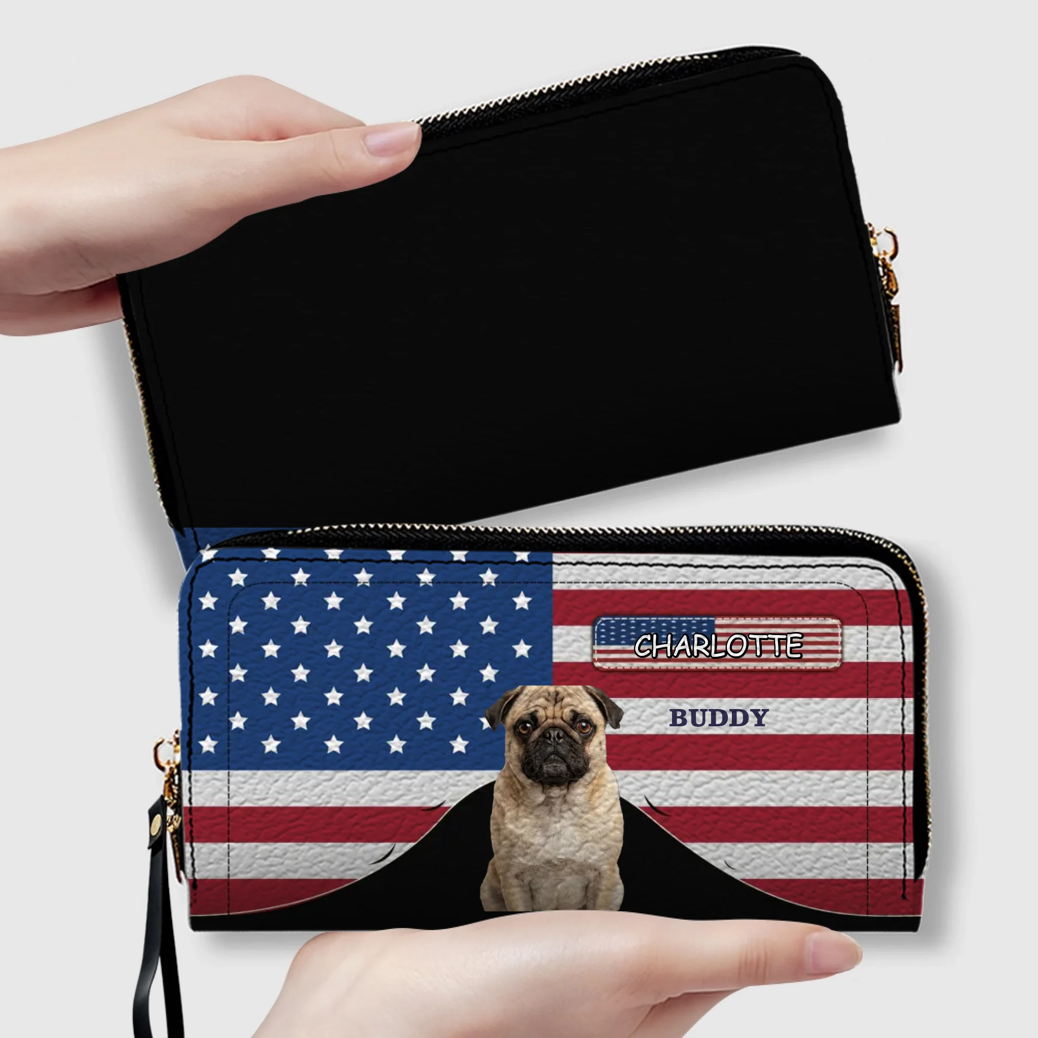Custom Pug Photo Wallet - Personalized Name American Flag Patriotic Purse For Dog Lovers | 89Prints