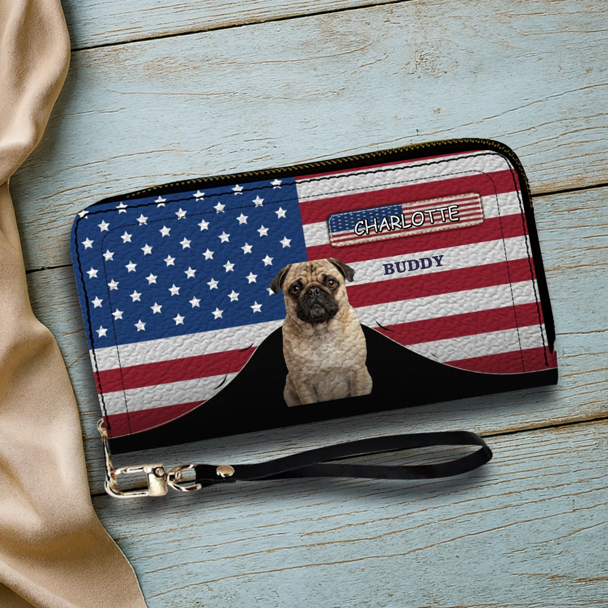 Custom Pug Photo Wallet - Personalized Name American Flag Patriotic Purse For Dog Lovers | 89Prints