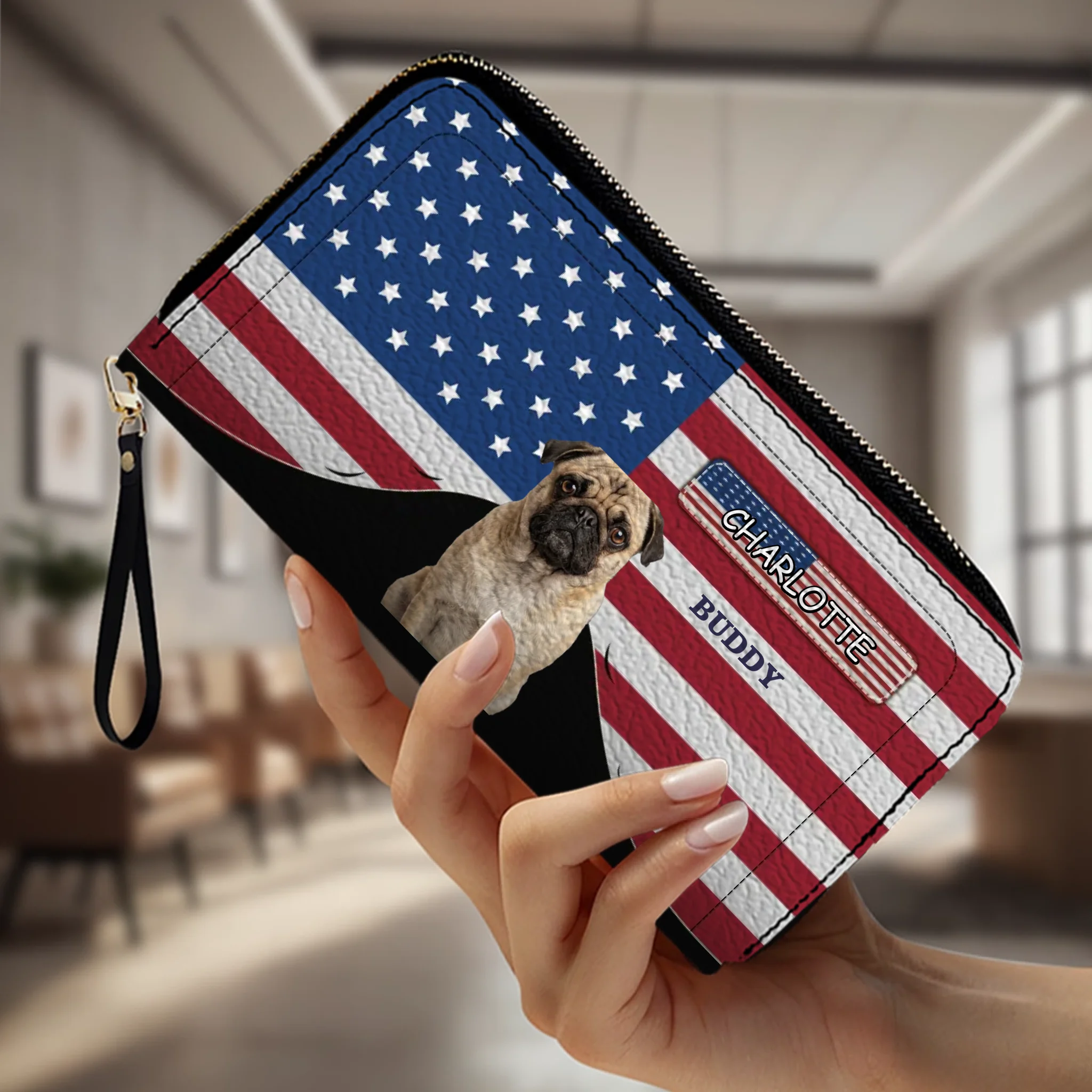 Custom Pug Photo Wallet - Personalized Name American Flag Patriotic Purse For Dog Lovers | 89Prints