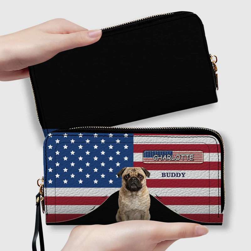 Custom Pug Photo Wallet - Personalized Name American Flag Patriotic Purse For Dog Lovers | 89Prints