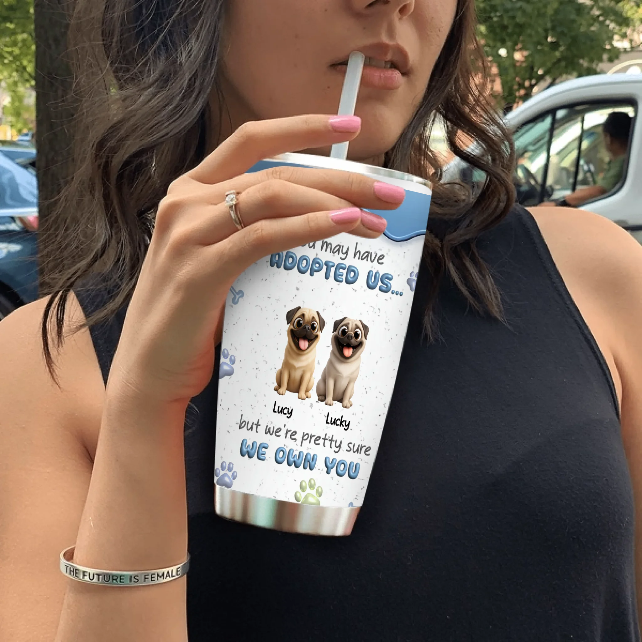 Custom Pug Tumbler – Funny “We Own You” Dog Quote With Tailored Dog Names | 89Prints