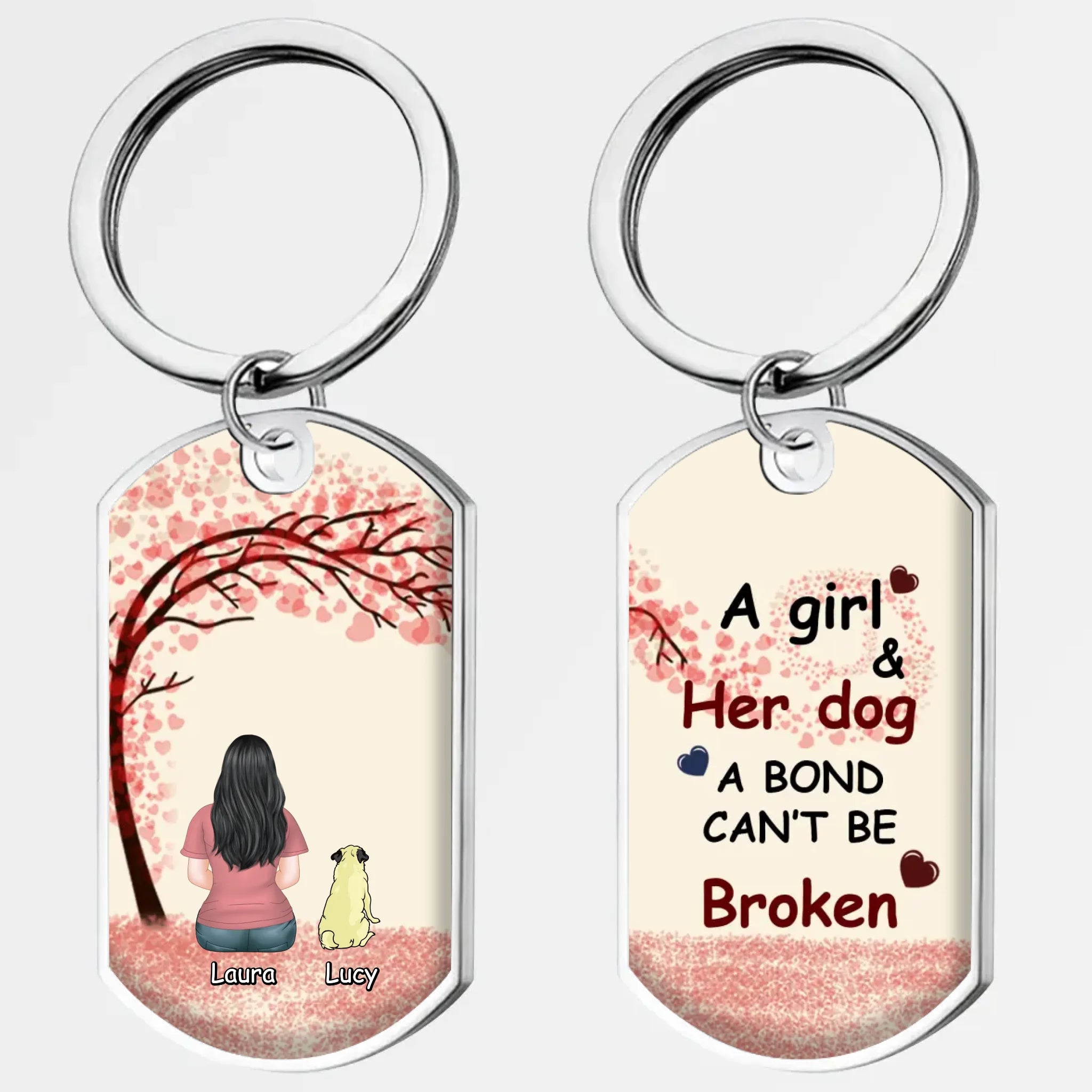 Custom Pug Keychain – “A Girl & Her Dog A Bond Can’t Be Broken” With Personalized Names | 89Prints