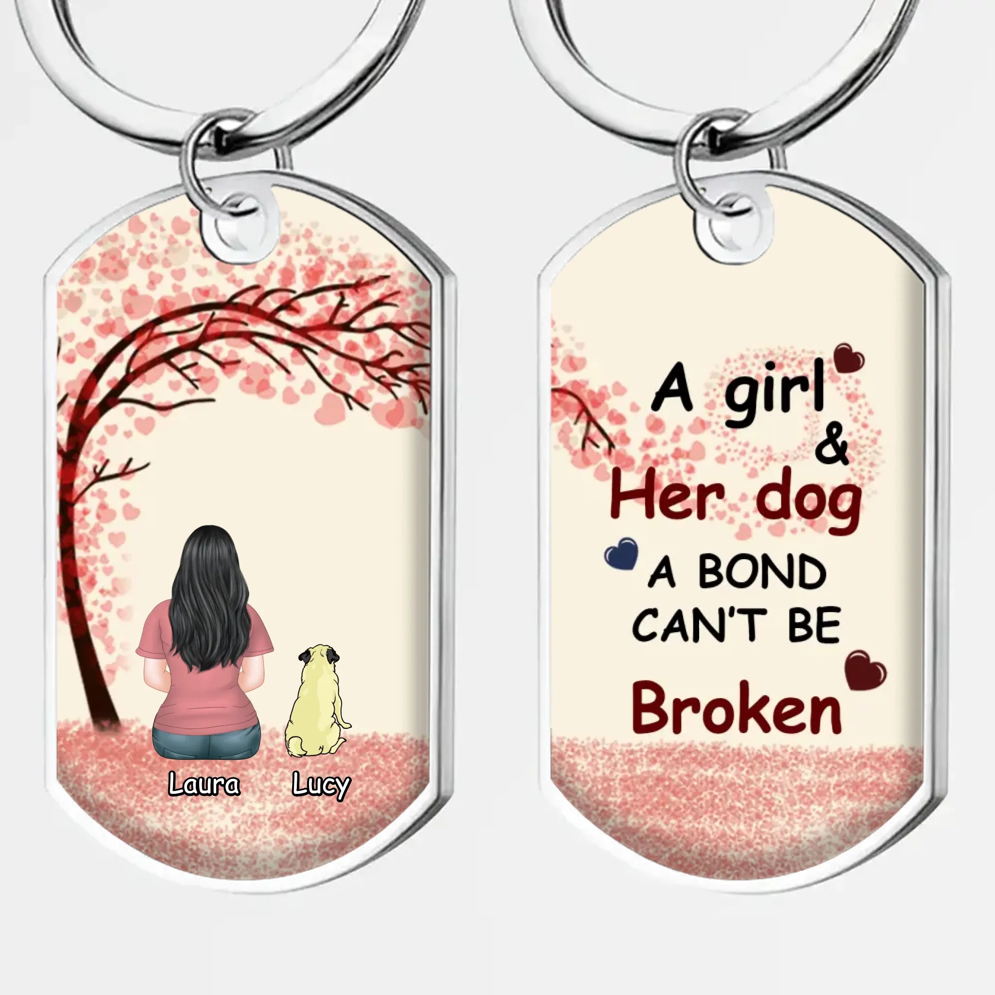 Custom Pug Keychain – “A Girl & Her Dog A Bond Can’t Be Broken” With Personalized Names | 89Prints