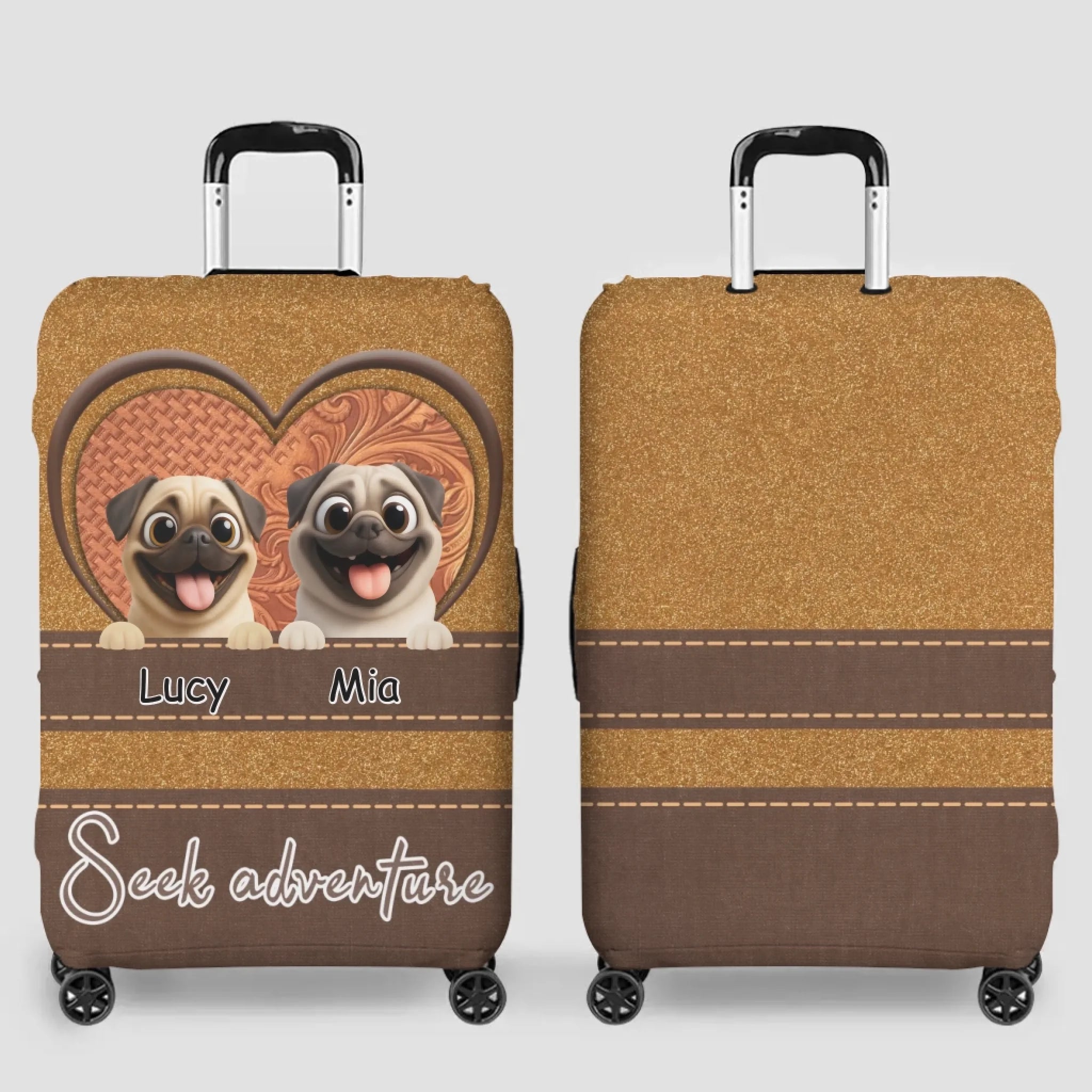 Custom Pug Luggage Cover – Heart Duo Pet Art With Custom Names | 89Prints