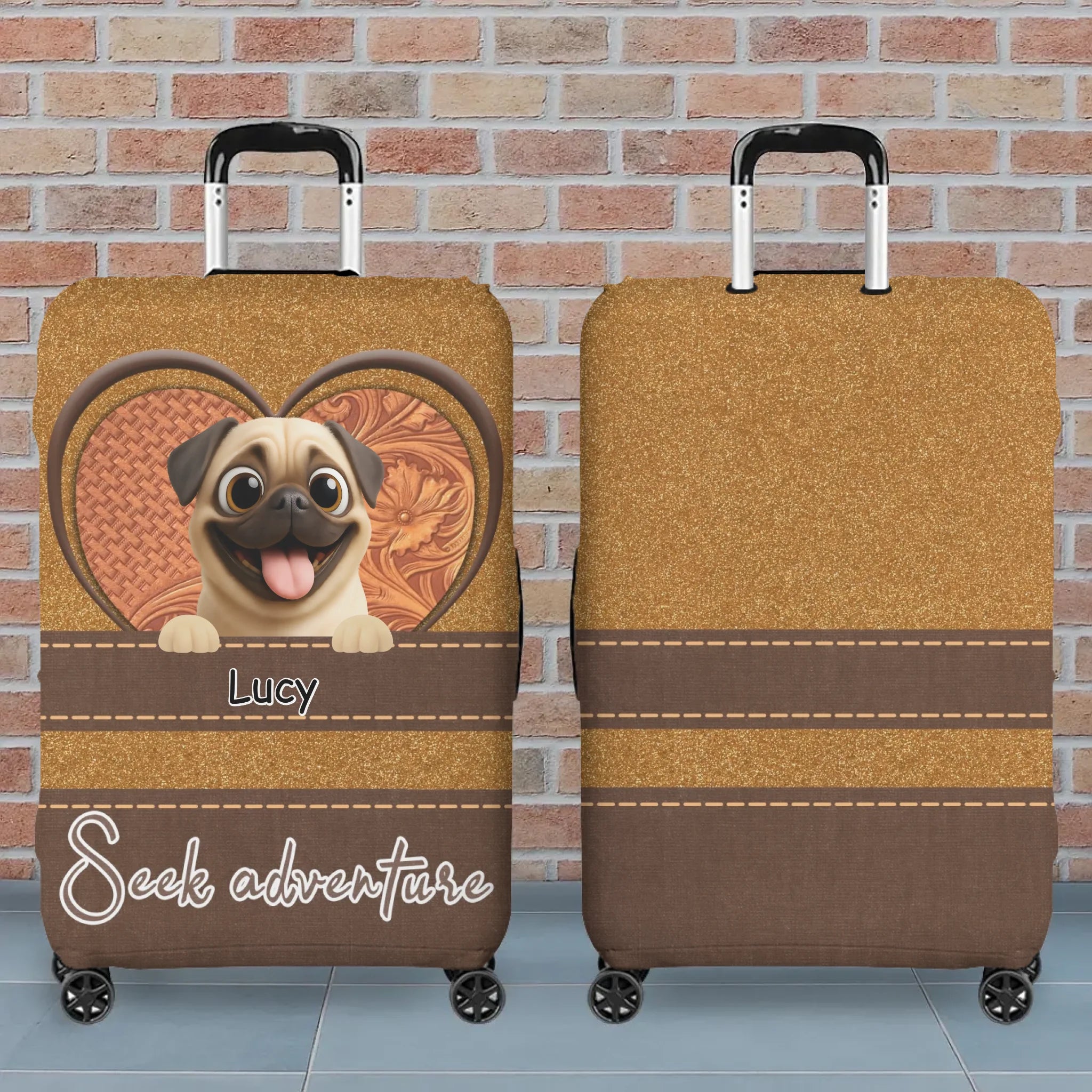 Custom Pug Luggage Cover – Heart Duo Pet Art With Custom Names | 89Prints
