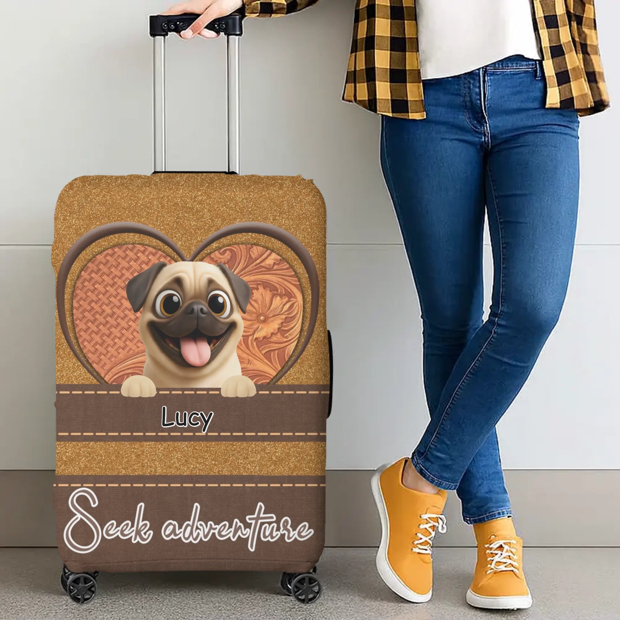 Custom Pug Luggage Cover – Heart Duo Pet Art With Custom Names | 89Prints