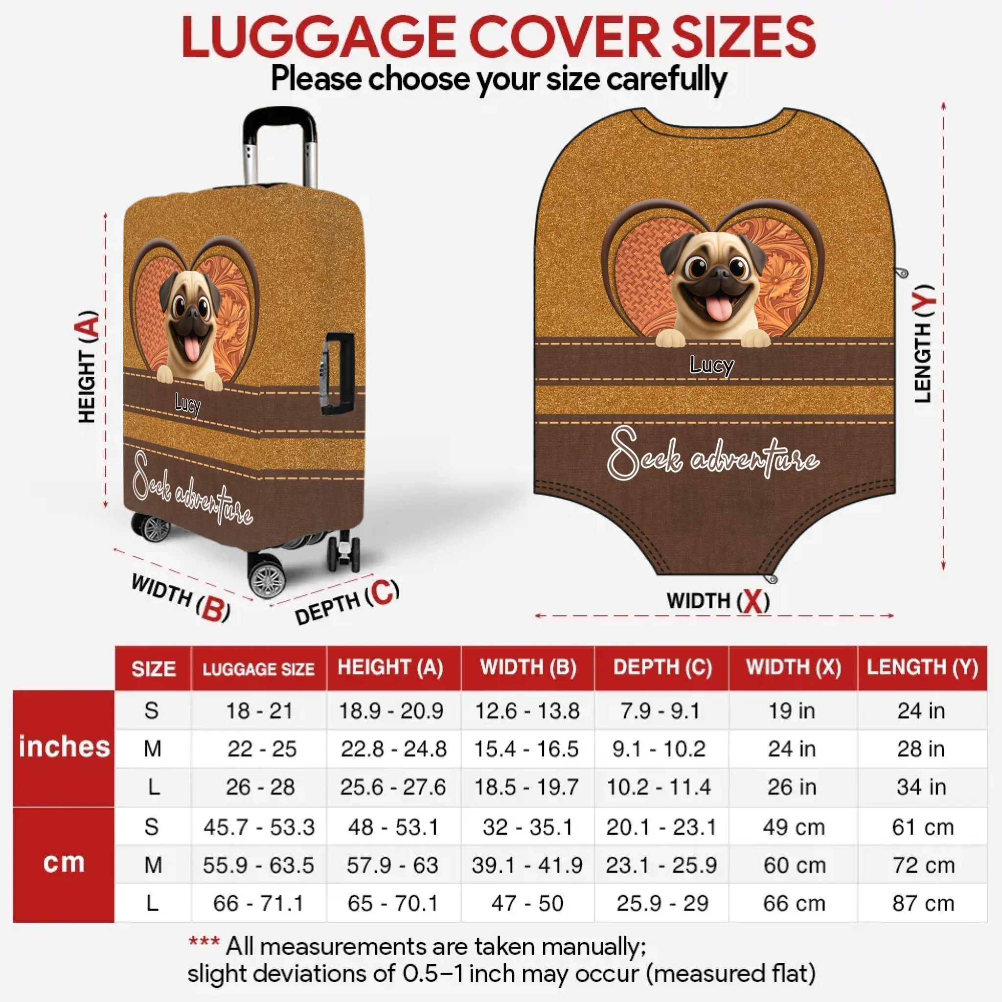 Custom Pug Luggage Cover – Heart Duo Pet Art With Custom Names | 89Prints