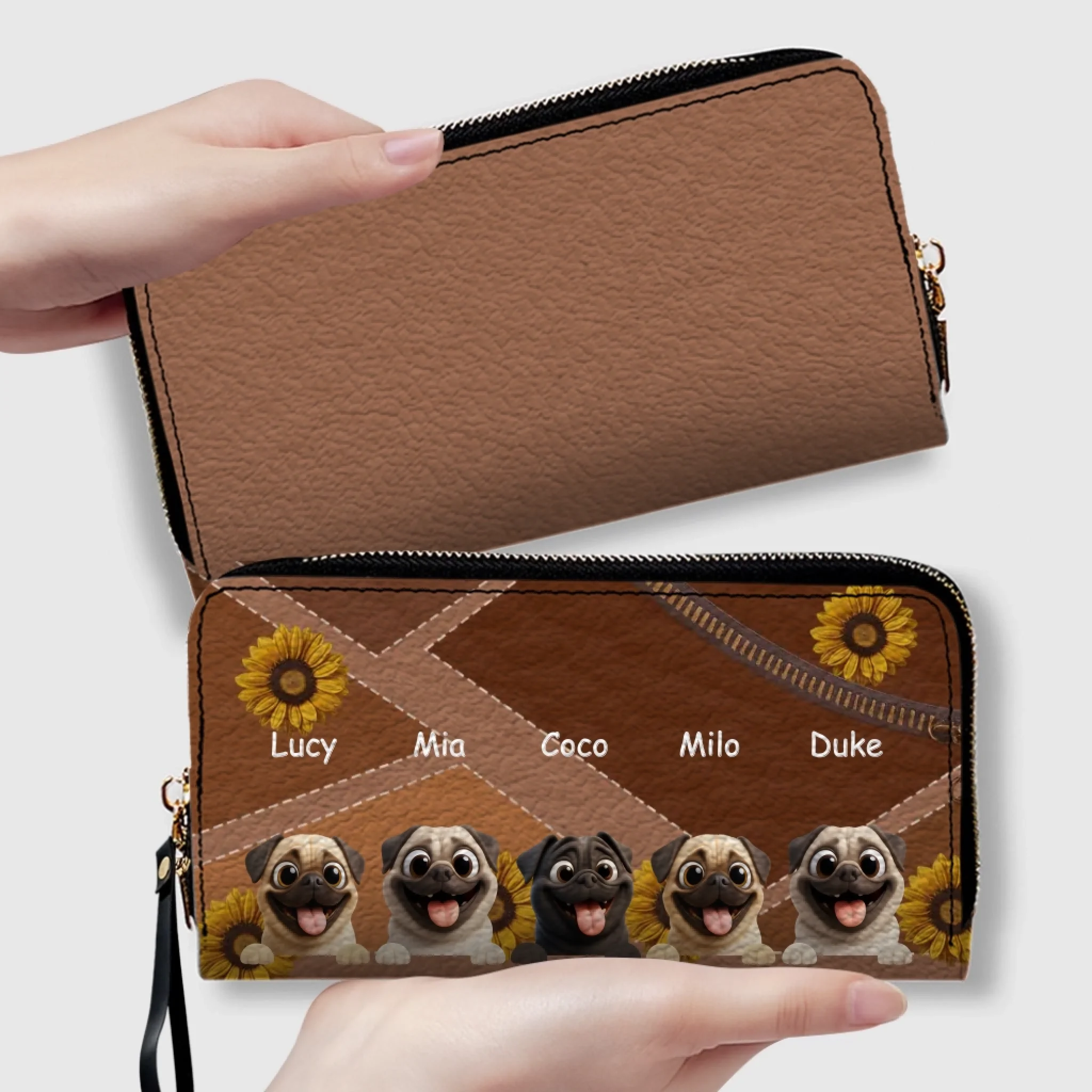 Customized Pug Lover Leather Wallet -  Personalized Sunflower Pattern Gift | 89Prints