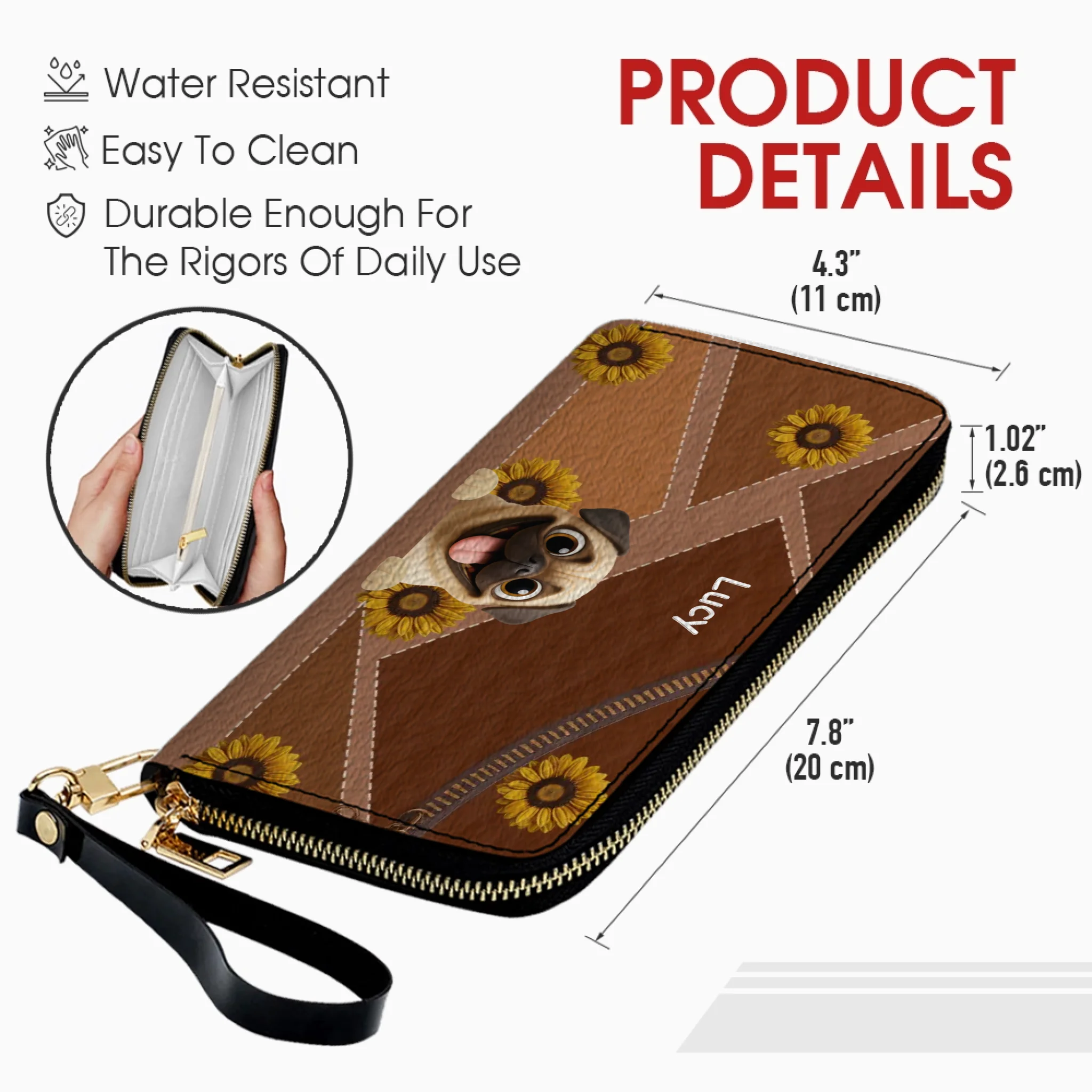 Customized Pug Lover Leather Wallet -  Personalized Sunflower Pattern Gift | 89Prints