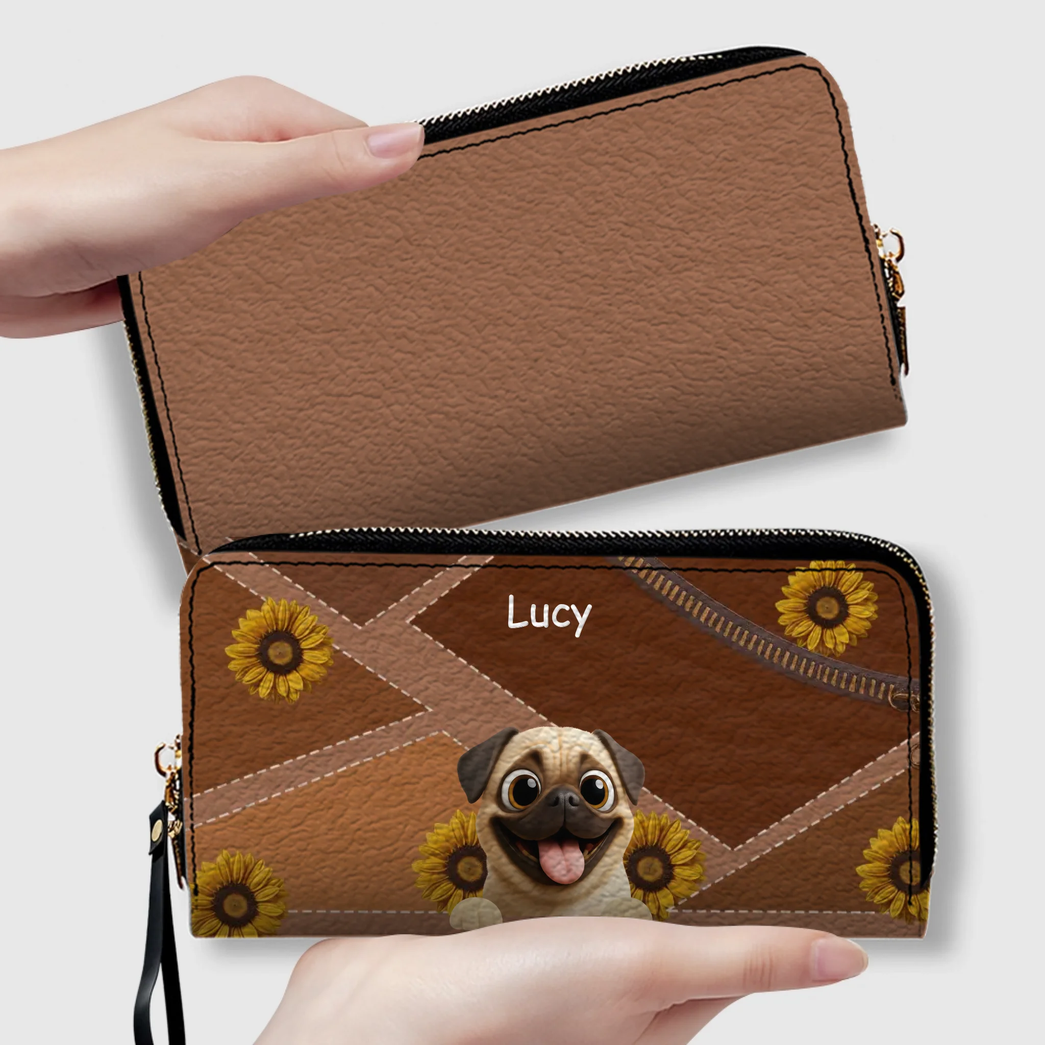 Customized Pug Lover Leather Wallet -  Personalized Sunflower Pattern Gift | 89Prints