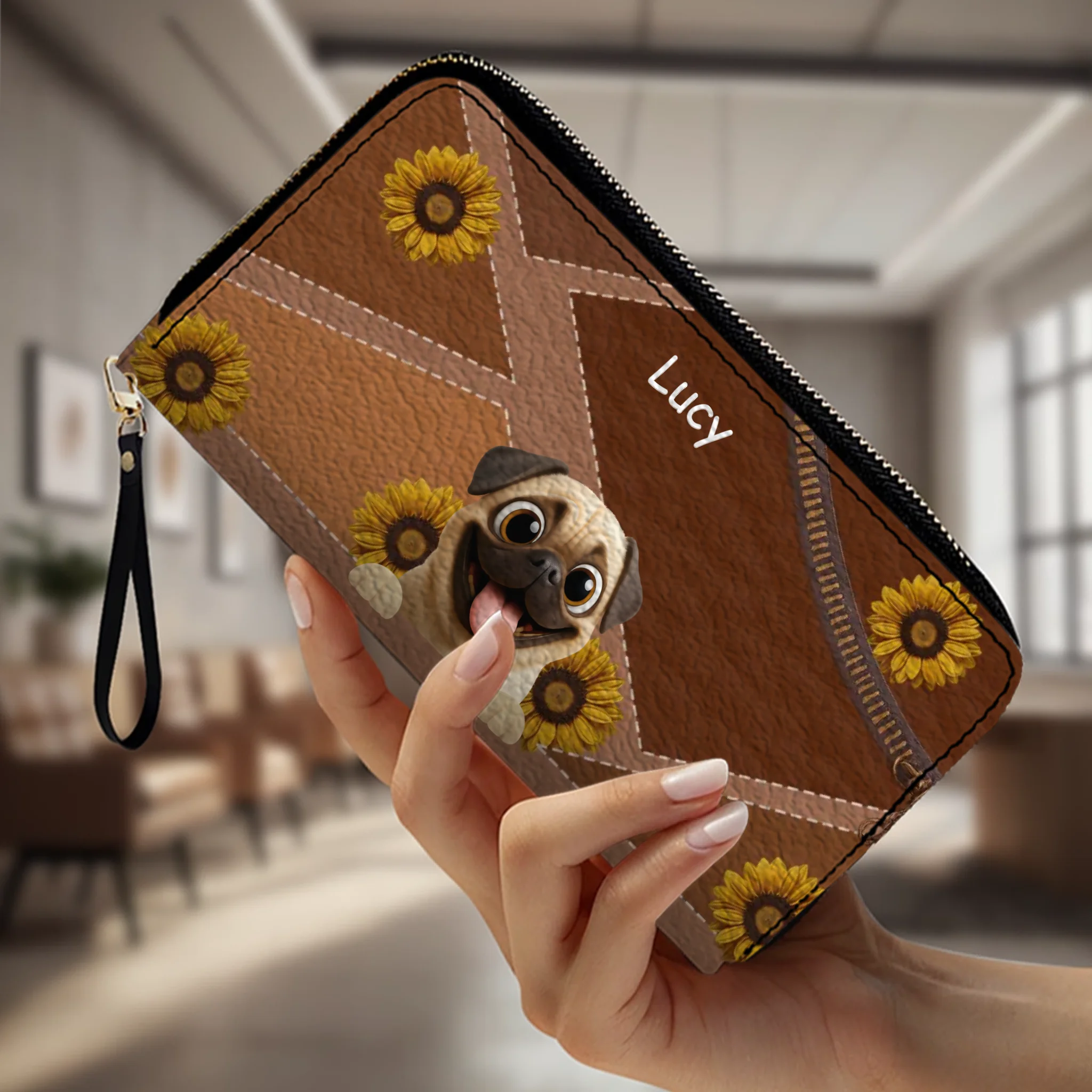Customized Pug Lover Leather Wallet -  Personalized Sunflower Pattern Gift | 89Prints