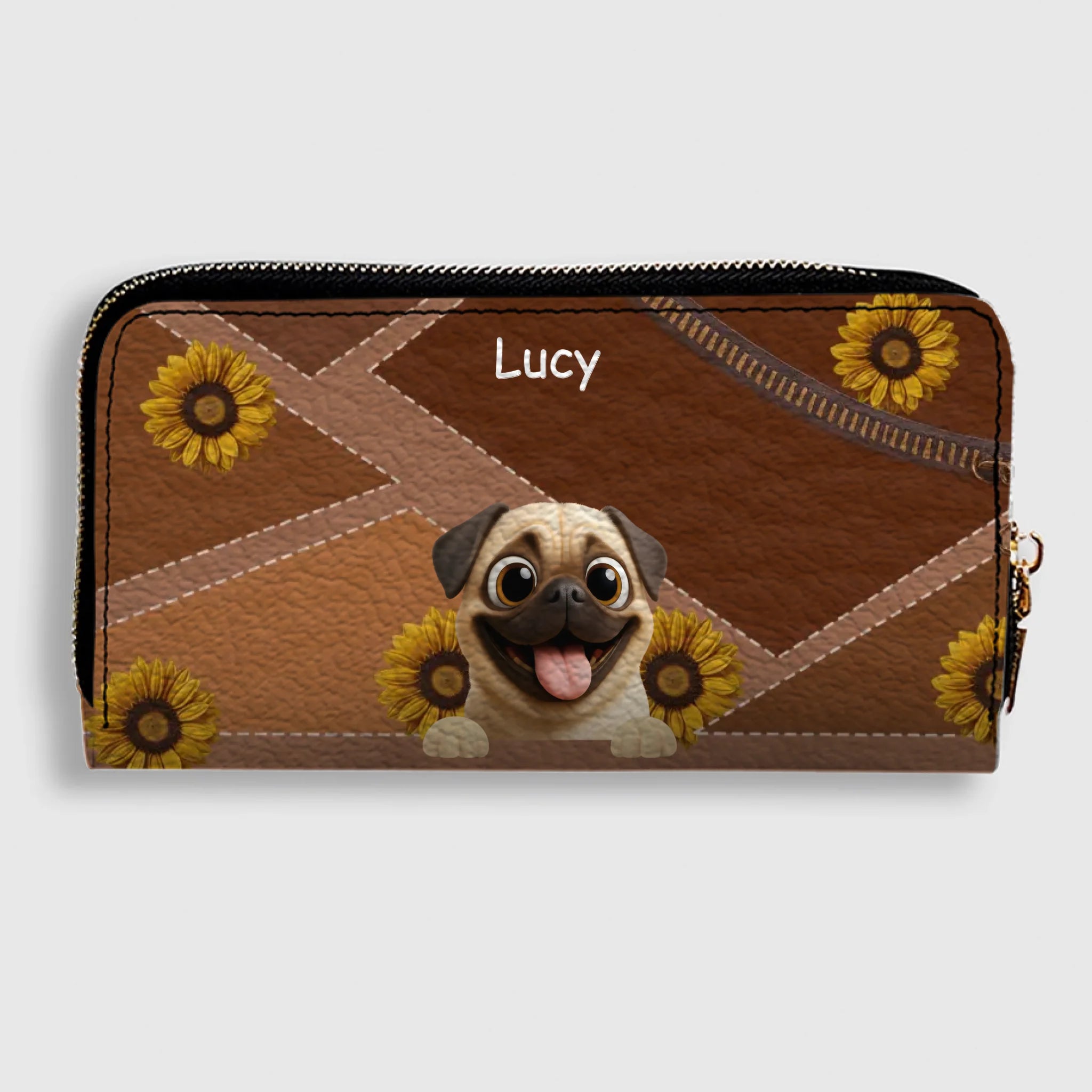 Customized Pug Lover Leather Wallet -  Personalized Sunflower Pattern Gift | 89Prints