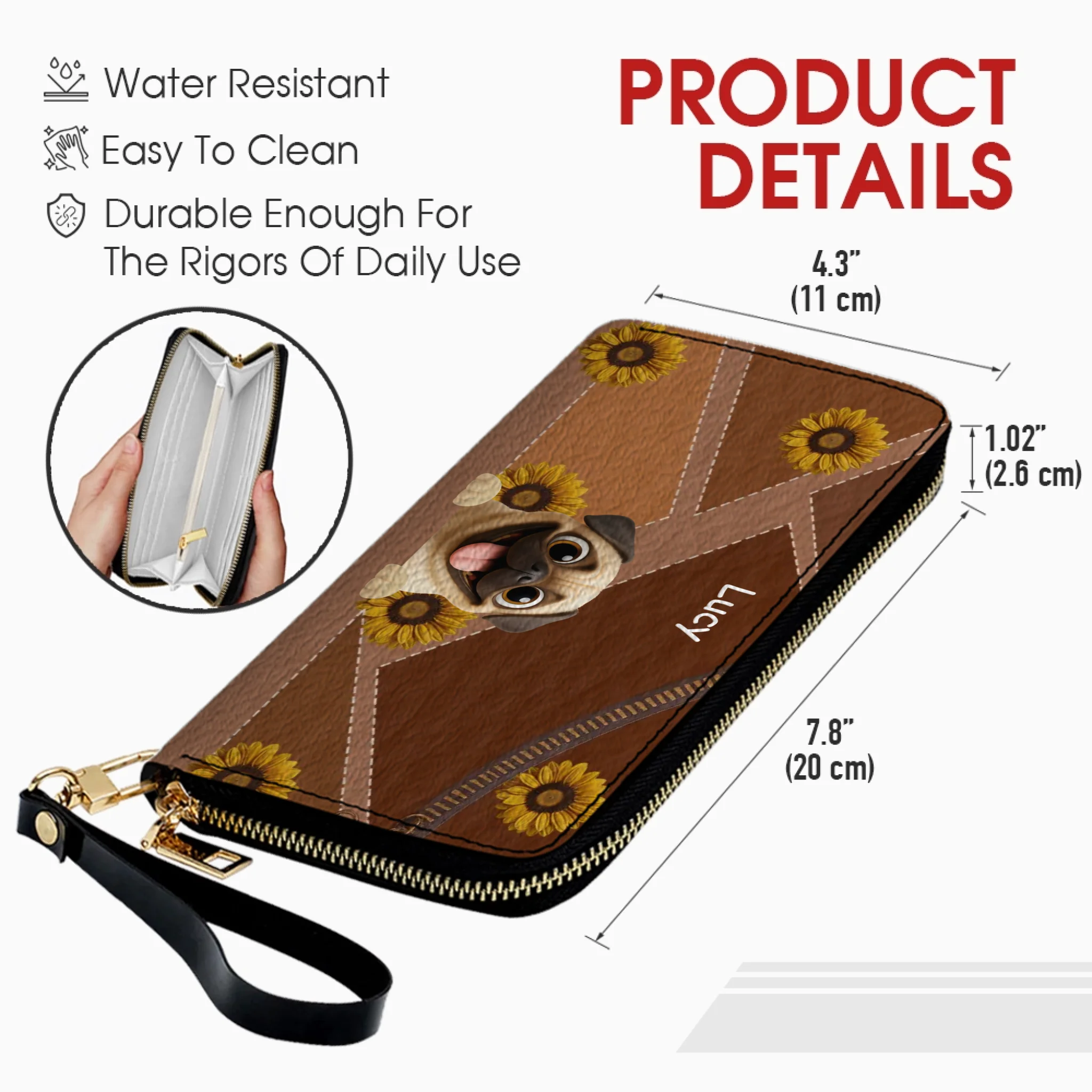 Customized Pug Lover Leather Wallet -  Personalized Sunflower Pattern Gift | 89Prints