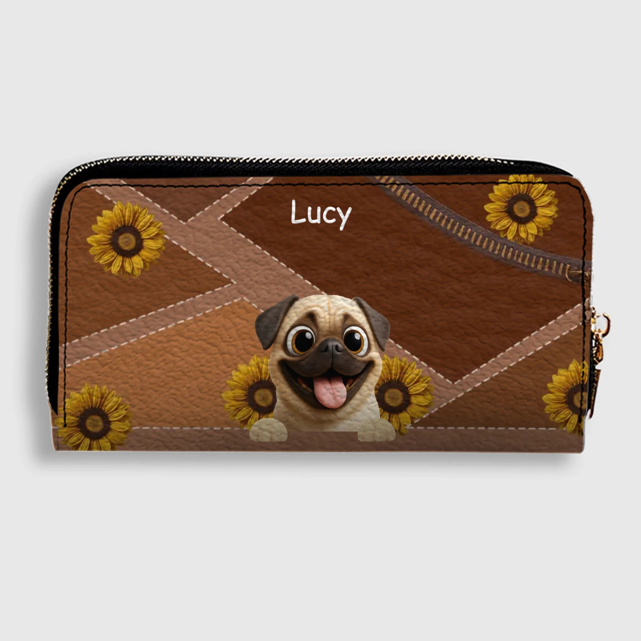 Customized Pug Lover Leather Wallet -  Personalized Sunflower Pattern Gift | 89Prints