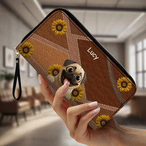 Customized Pug Lover Leather Wallet -  Personalized Sunflower Pattern Gift | 89Prints