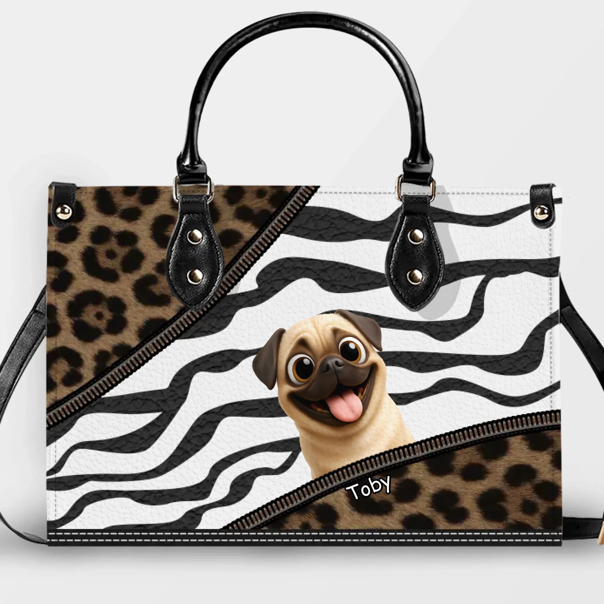 Personalized Pug Lover Handbag - Leopard & Stripe Inspired Dog Peek Gift | 89Prints