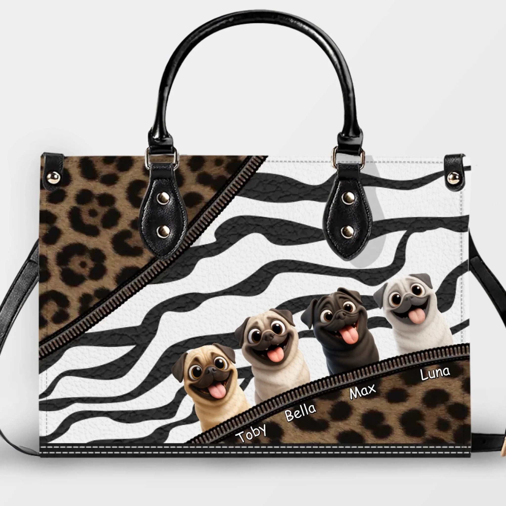 Personalized Pug Lover Handbag - Leopard & Stripe Inspired Dog Peek Gift | 89Prints