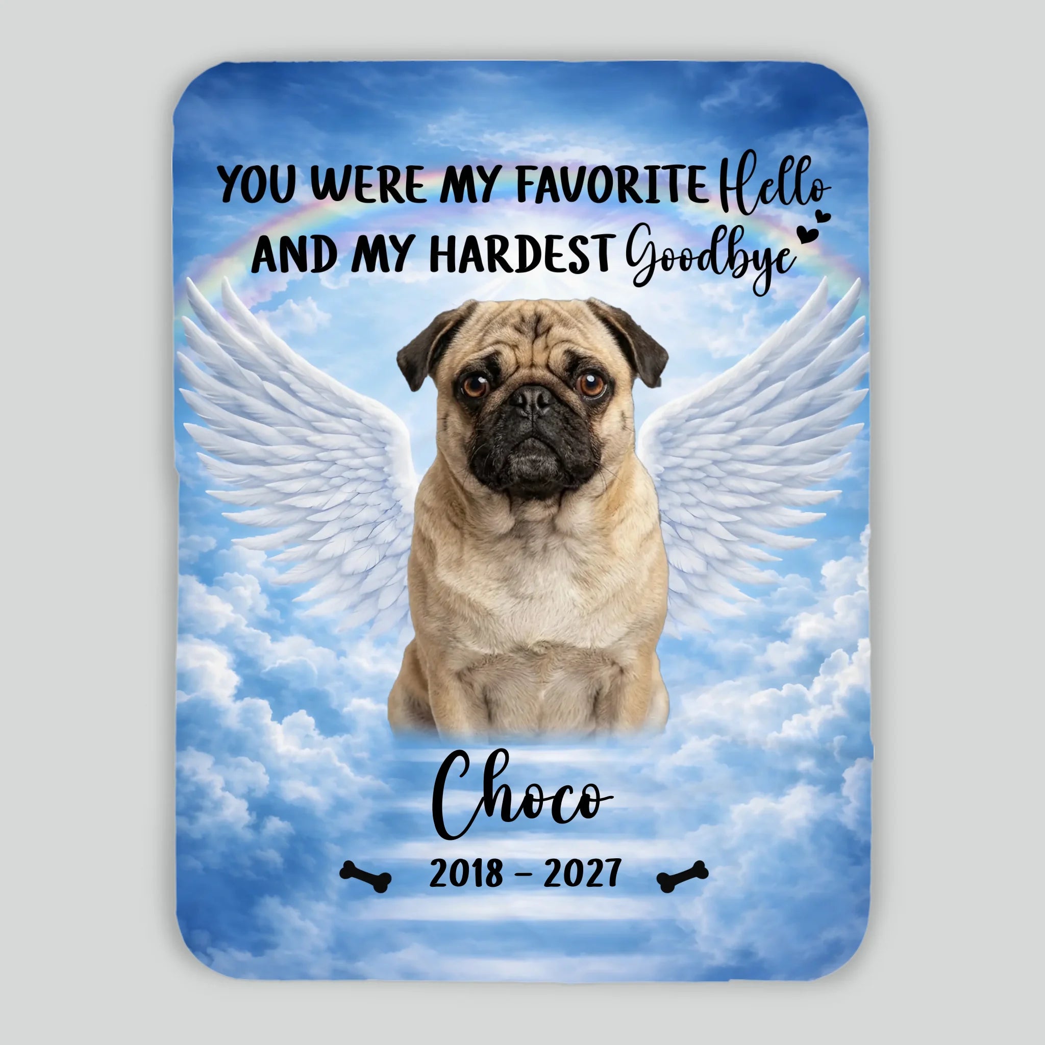 Personalized Pug Memorial Blanket - Custom Photo Remembrance With Rainbow Bridge | 89Prints