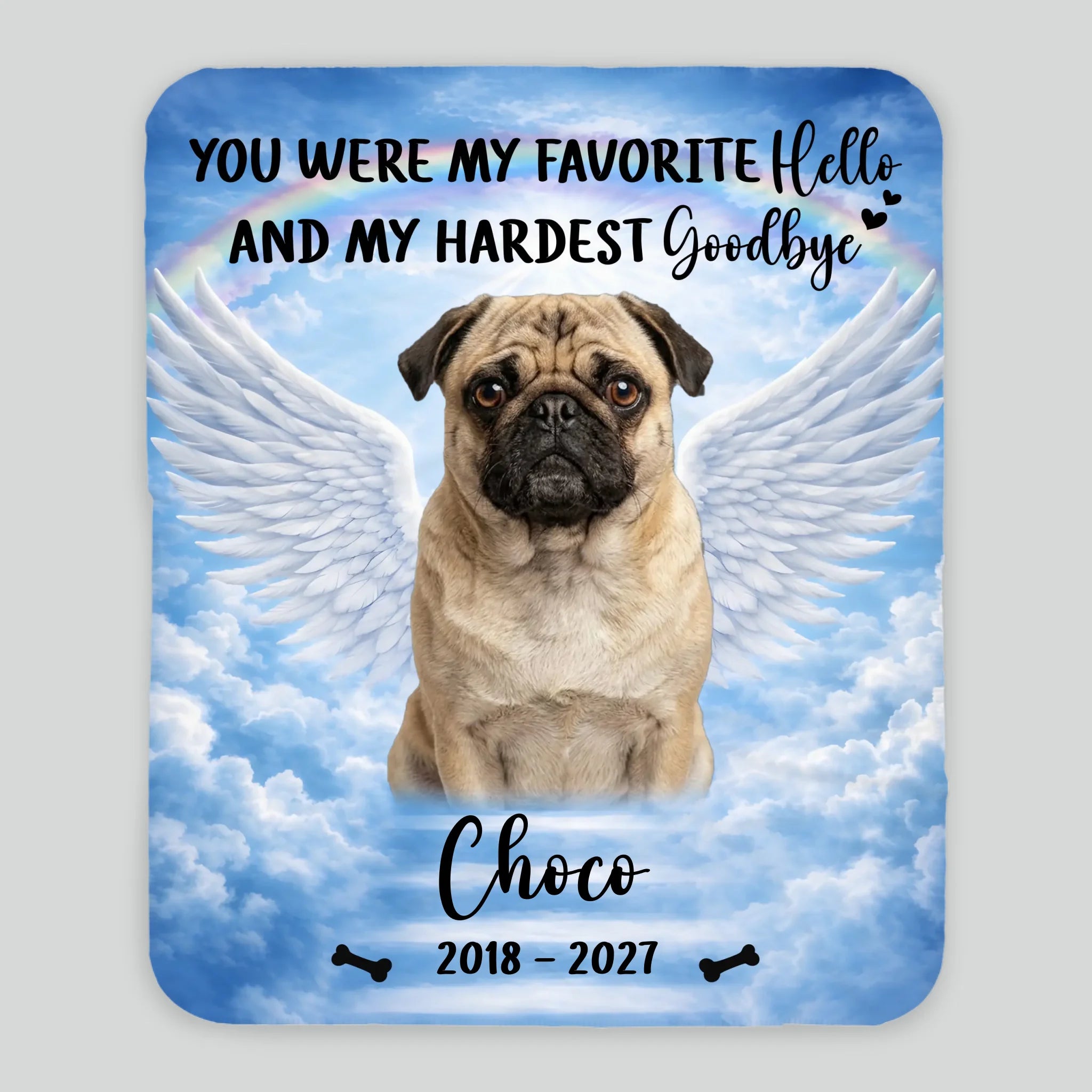 Personalized Pug Memorial Blanket - Custom Photo Remembrance With Rainbow Bridge | 89Prints