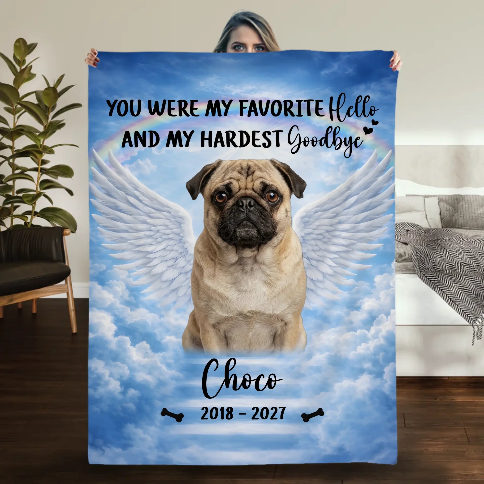 Personalized Pug Memorial Blanket - Custom Photo Remembrance With Rainbow Bridge | 89Prints