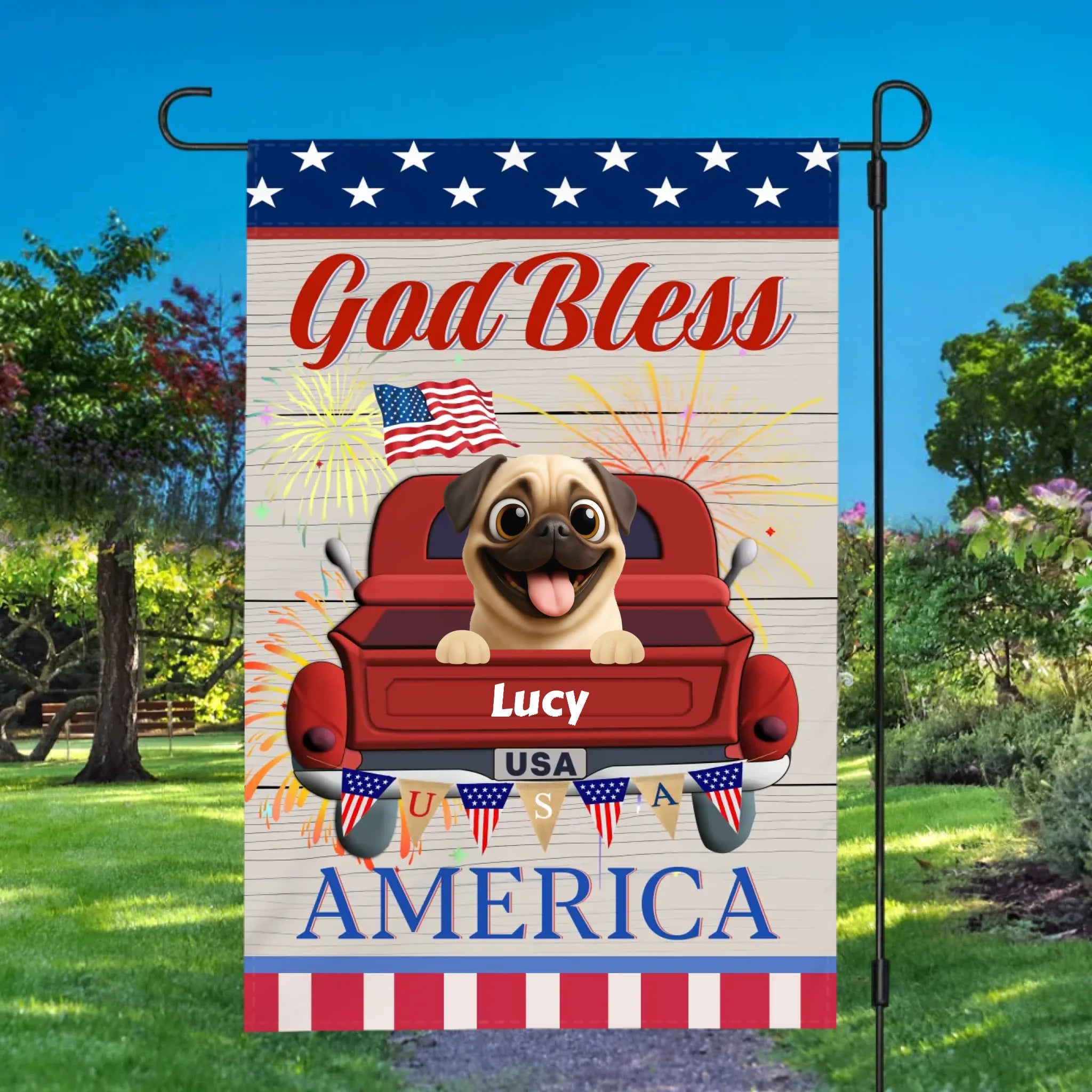 Custom Pug Garden Flag – Bless America With Your Dog’s Name | 89Prints