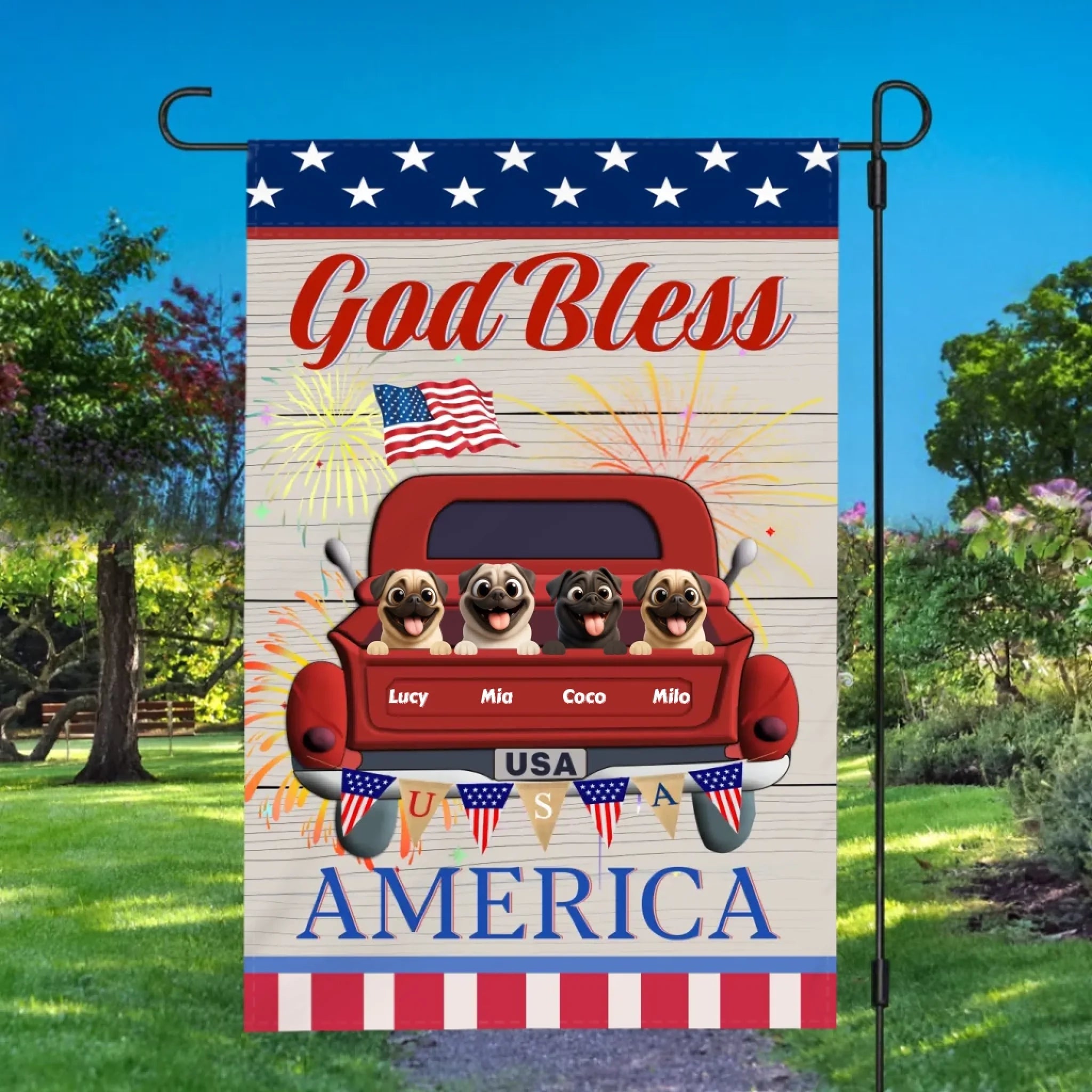 Custom Pug Garden Flag – Bless America With Your Dog’s Name | 89Prints