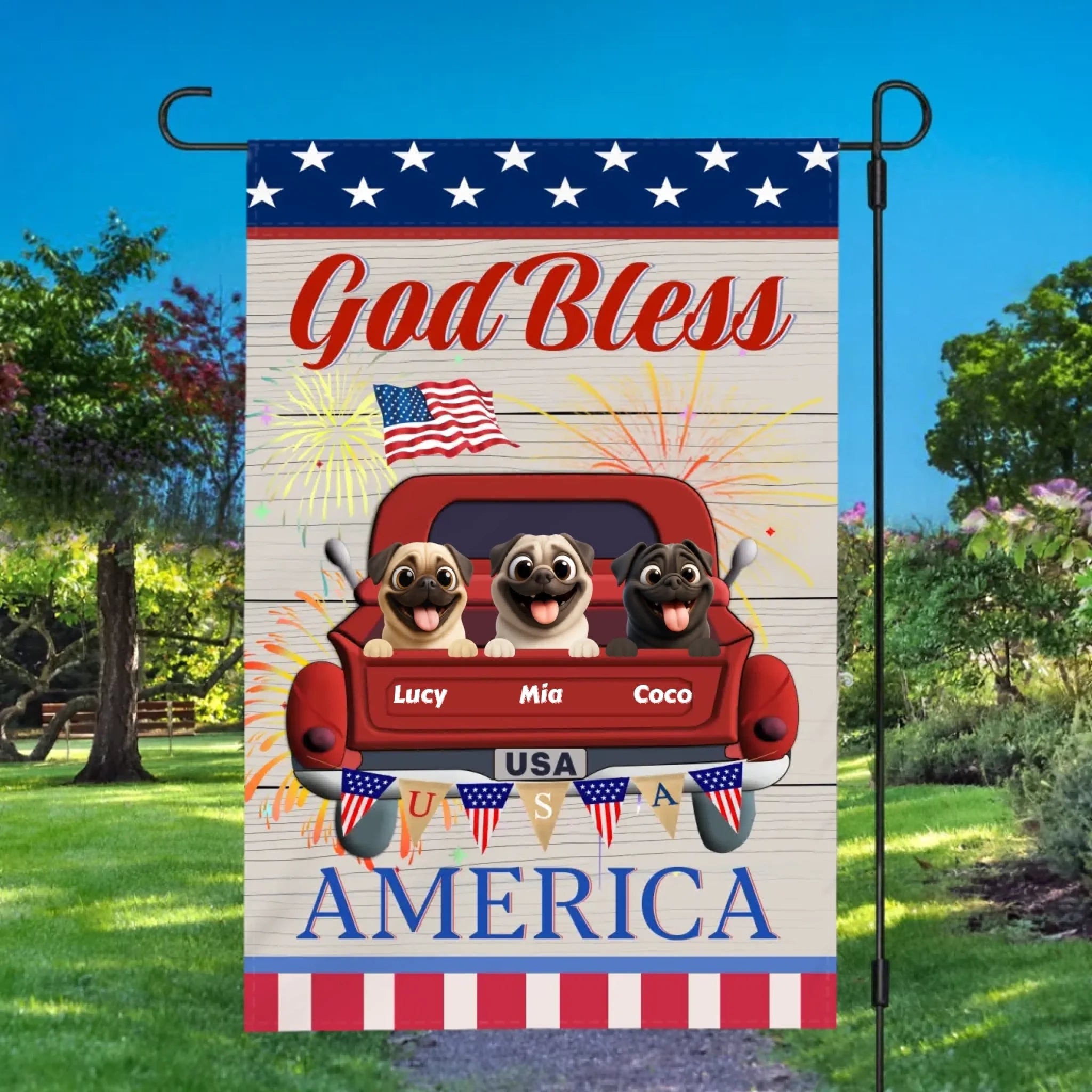 Custom Pug Garden Flag – Bless America With Your Dog’s Name | 89Prints