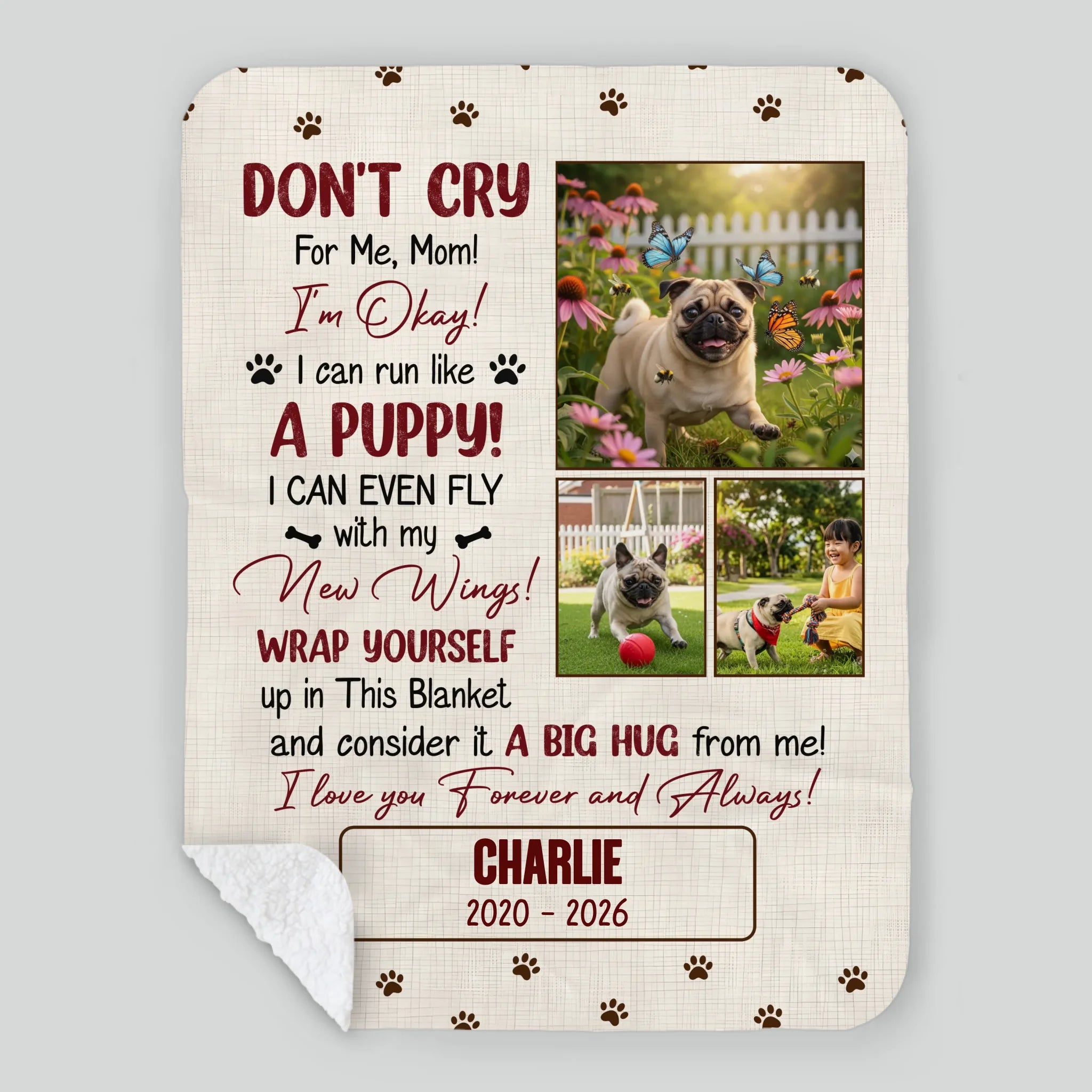 Custom Pug Lover Blanket - Don’t Cry For Me Mom Photo Dog Loss Gift | 89Prints