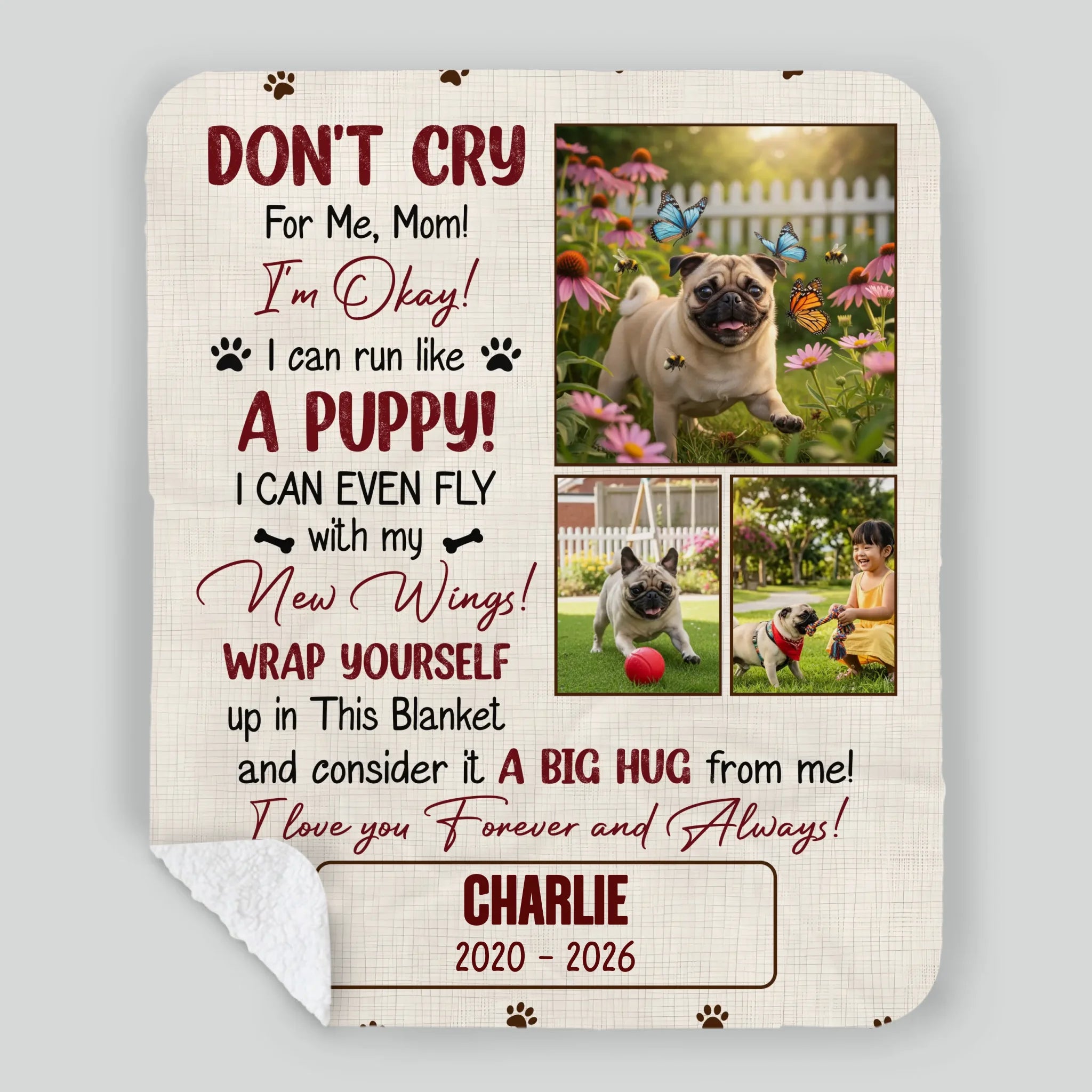 Custom Pug Lover Blanket - Don’t Cry For Me Mom Photo Dog Loss Gift | 89Prints