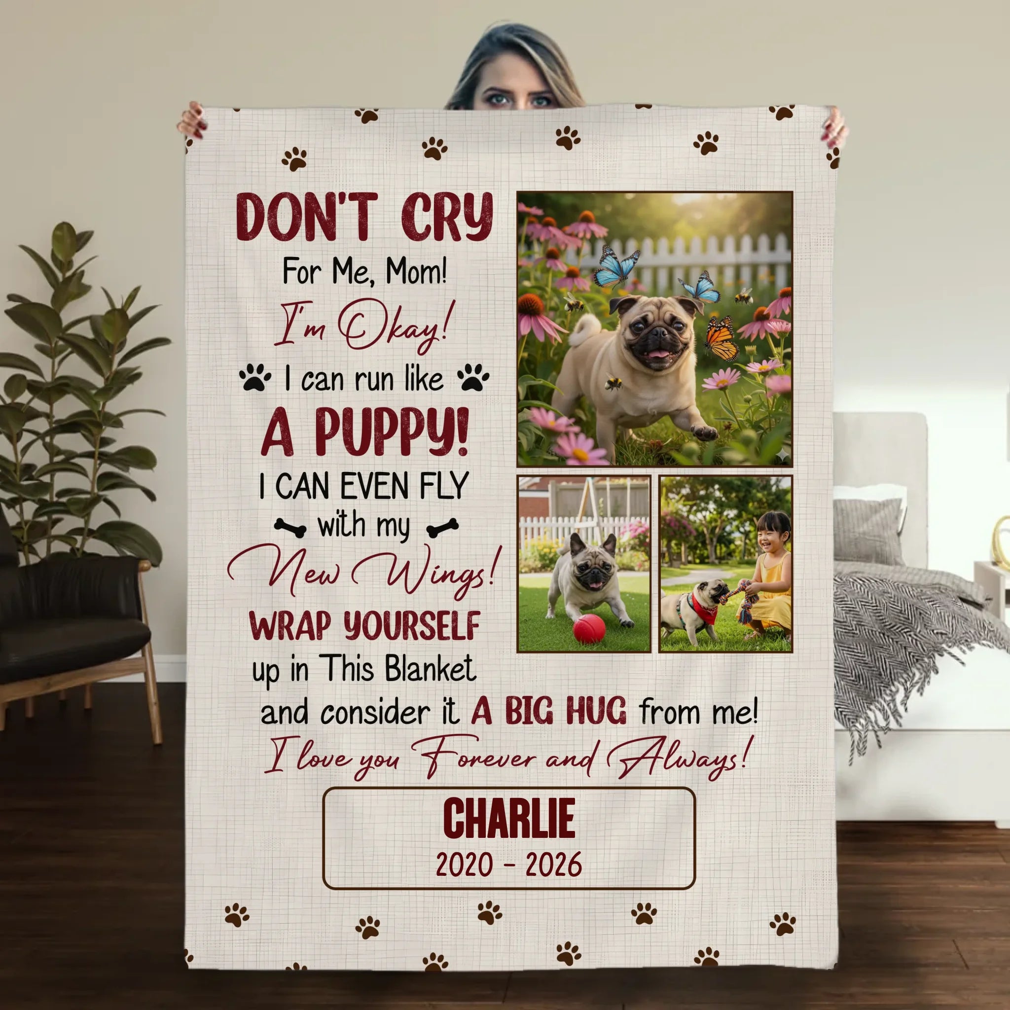 Custom Pug Lover Blanket - Don’t Cry For Me Mom Photo Dog Loss Gift | 89Prints