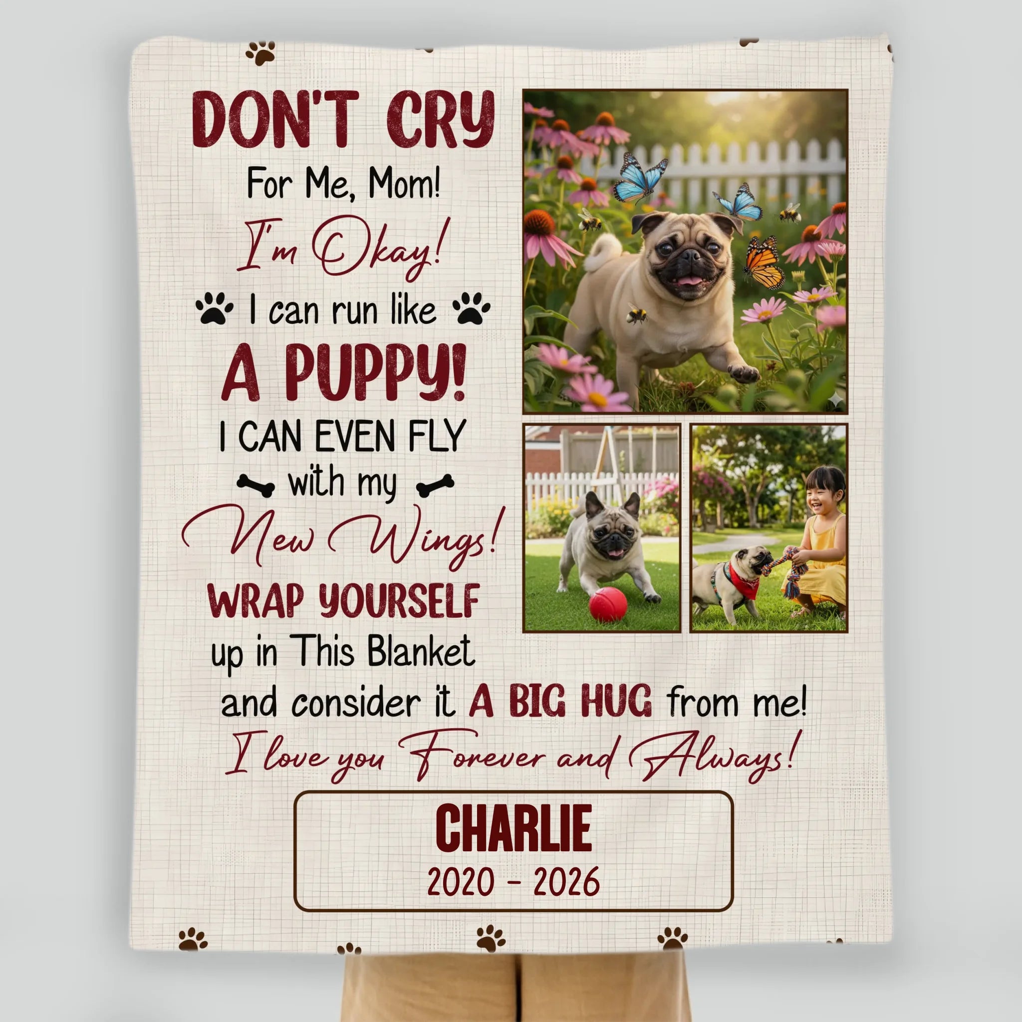 Custom Pug Lover Blanket - Don’t Cry For Me Mom Photo Dog Loss Gift | 89Prints