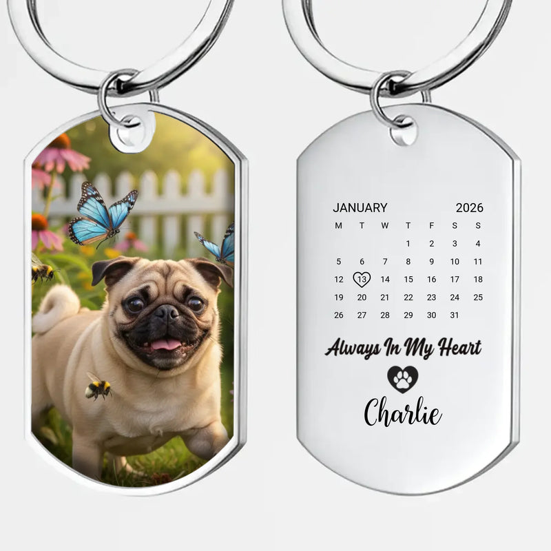 Custom Pug Keychain – “Always In My Heart” Memorial Design With Name | 89Prints