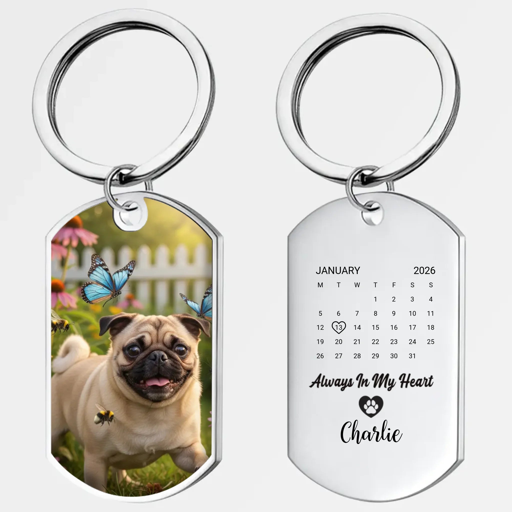 Custom Pug Keychain – “Always In My Heart” Memorial Design With Name | 89Prints