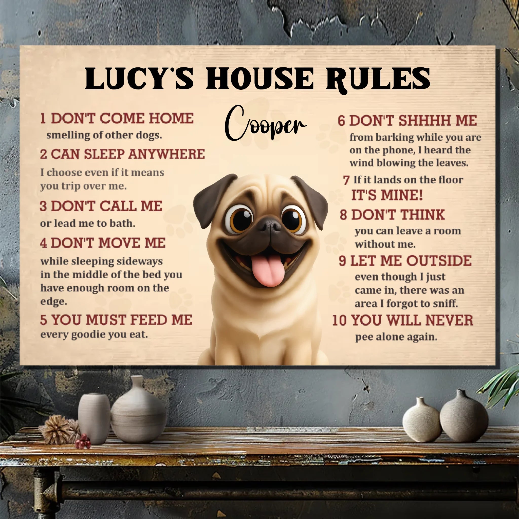 Customized Pug Lover Canvas Wall Art – Dog's House Rules Gift For Dog Owners | 89Prints