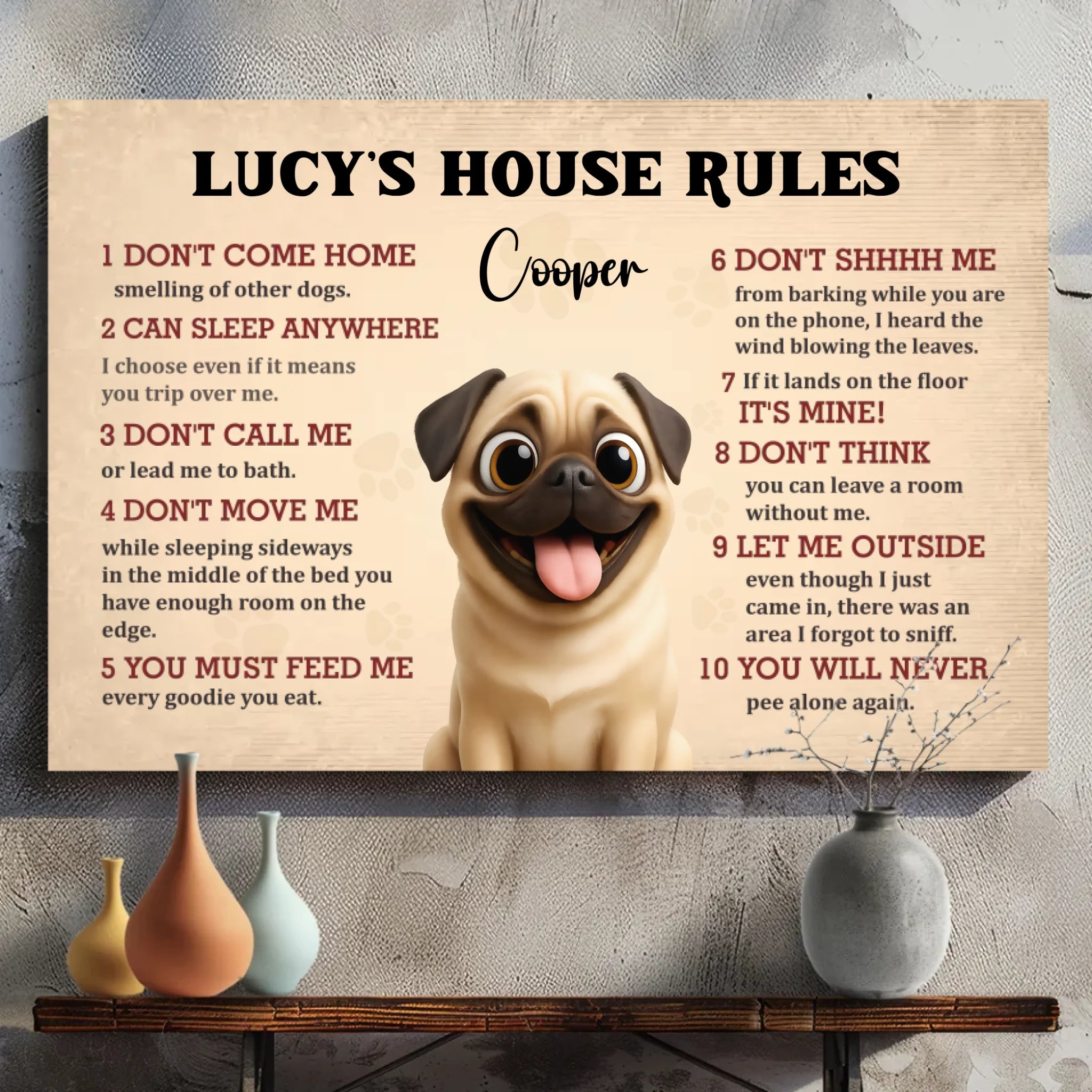Customized Pug Lover Canvas Wall Art – Dog's House Rules Gift For Dog Owners | 89Prints