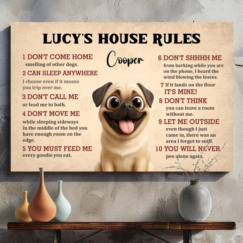 Customized Pug Lover Canvas Wall Art – Dog's House Rules Gift For Dog Owners | 89Prints