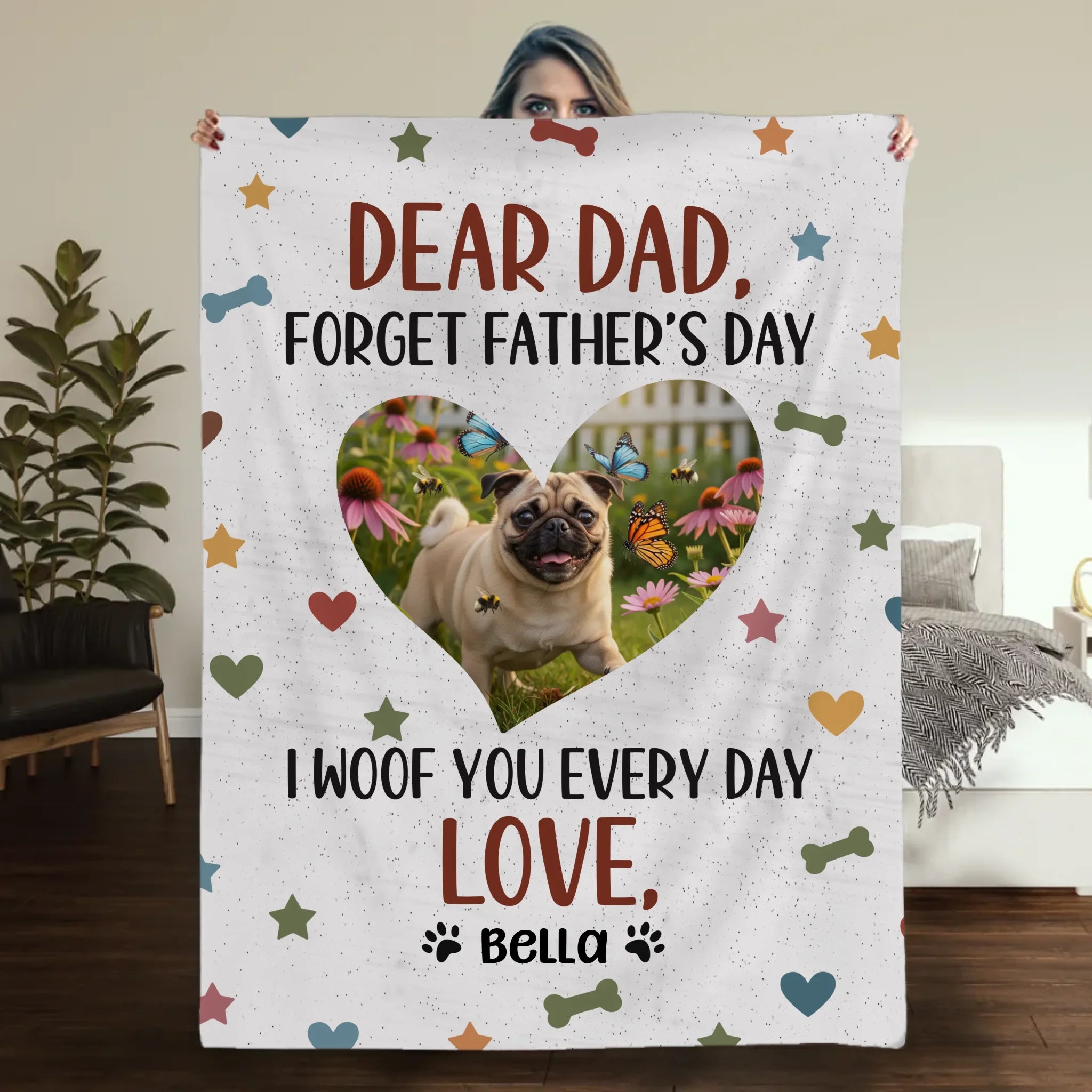 Personalized Pug Lover Blanket - I Woof You Every Day Custom Photo Father’s Day Gift | 89Prints
