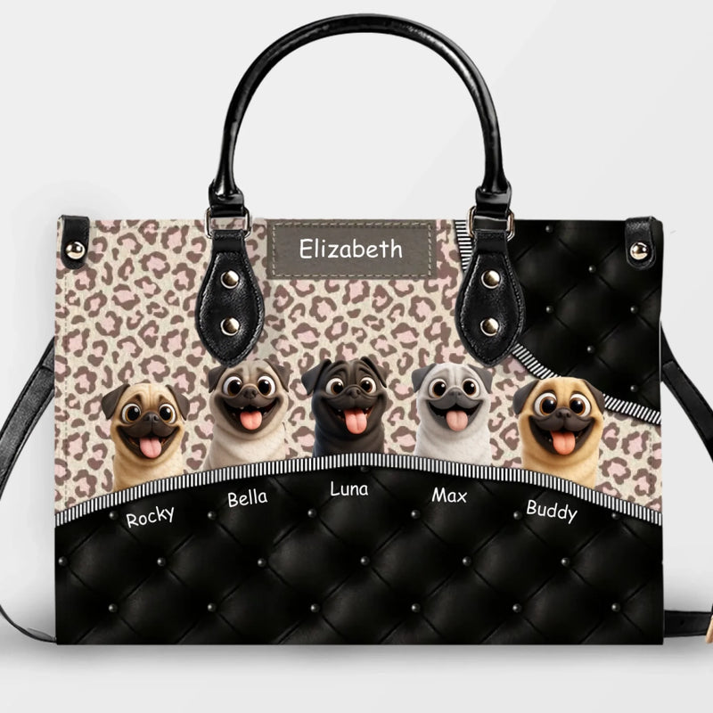 Personalized Pug Lover Leather Handbag - Leopard Pattern Quilted Panel Gift | 89Prints